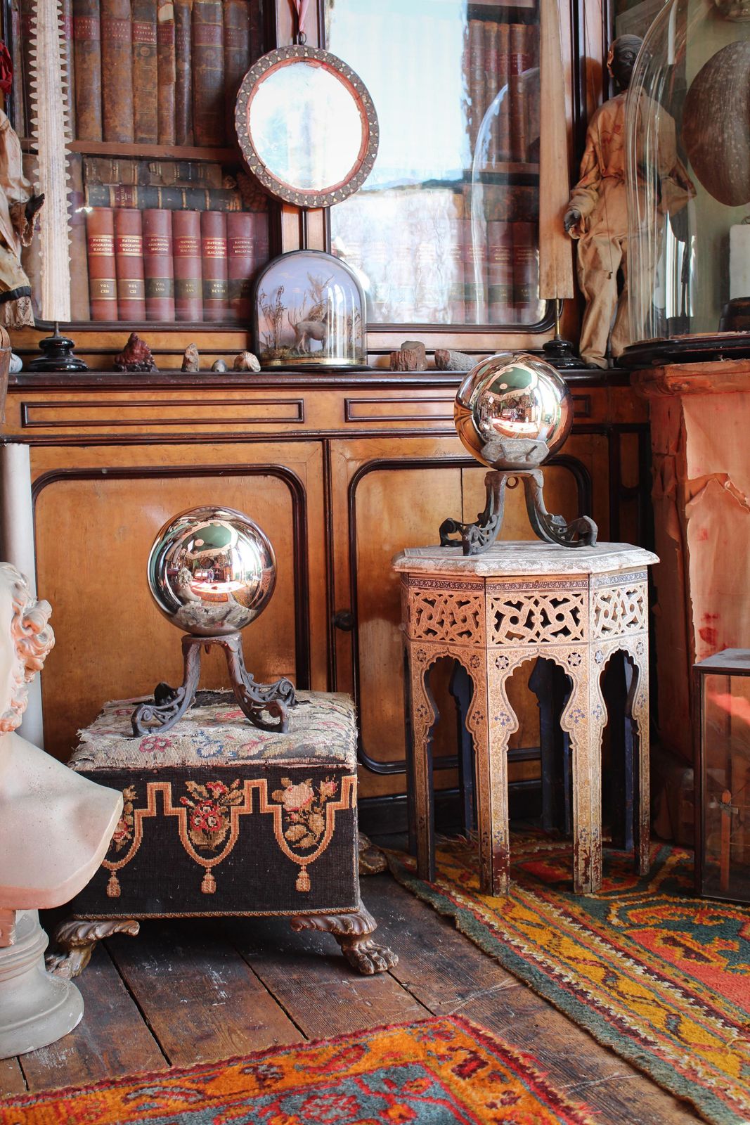 Early 20th Century Pair Of Mirror Witches Balls On Bronze Stands photo for sale