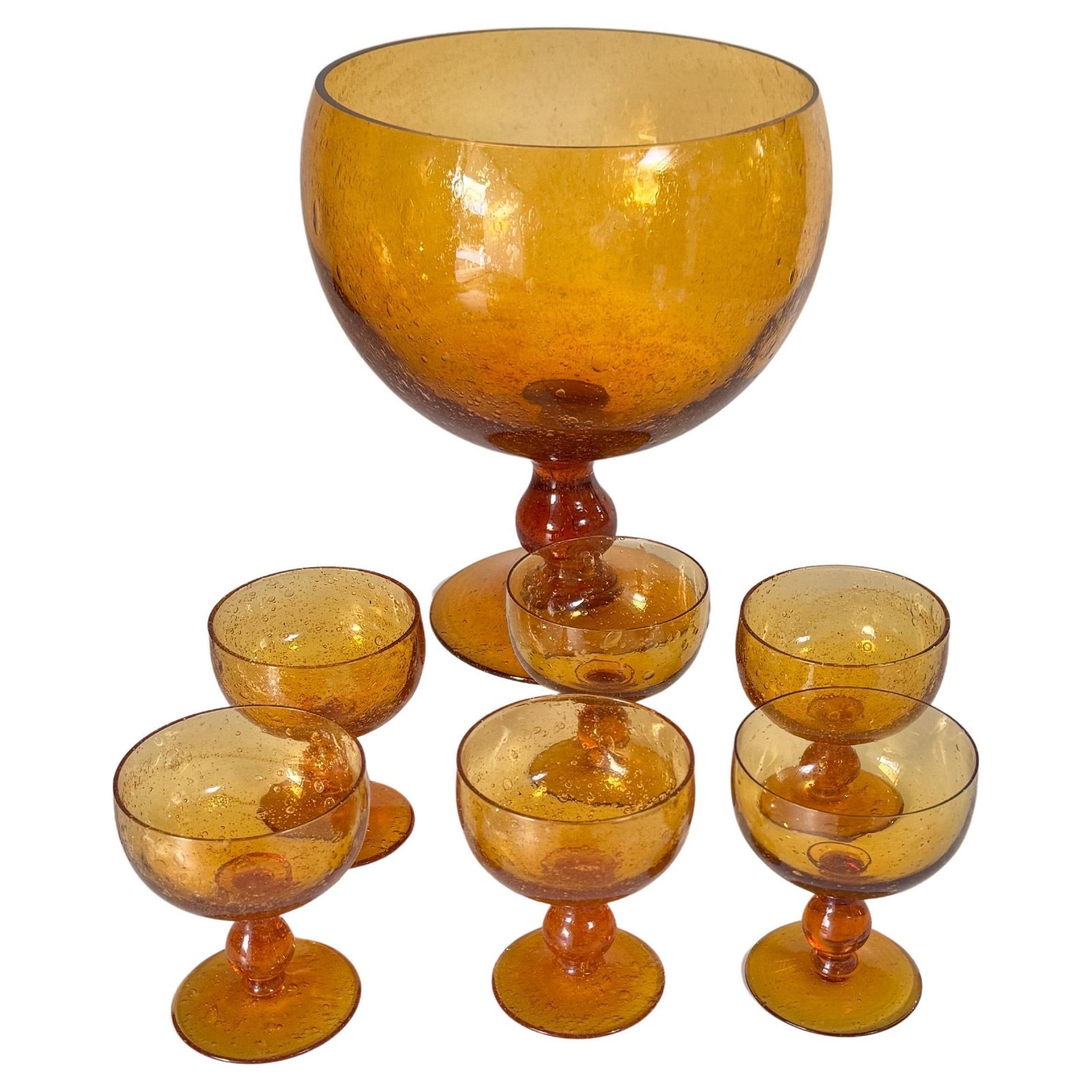 1970s Biot Glass Fruit Bowl & Cocktail Set, Yellow Orange Bubble Glass France
