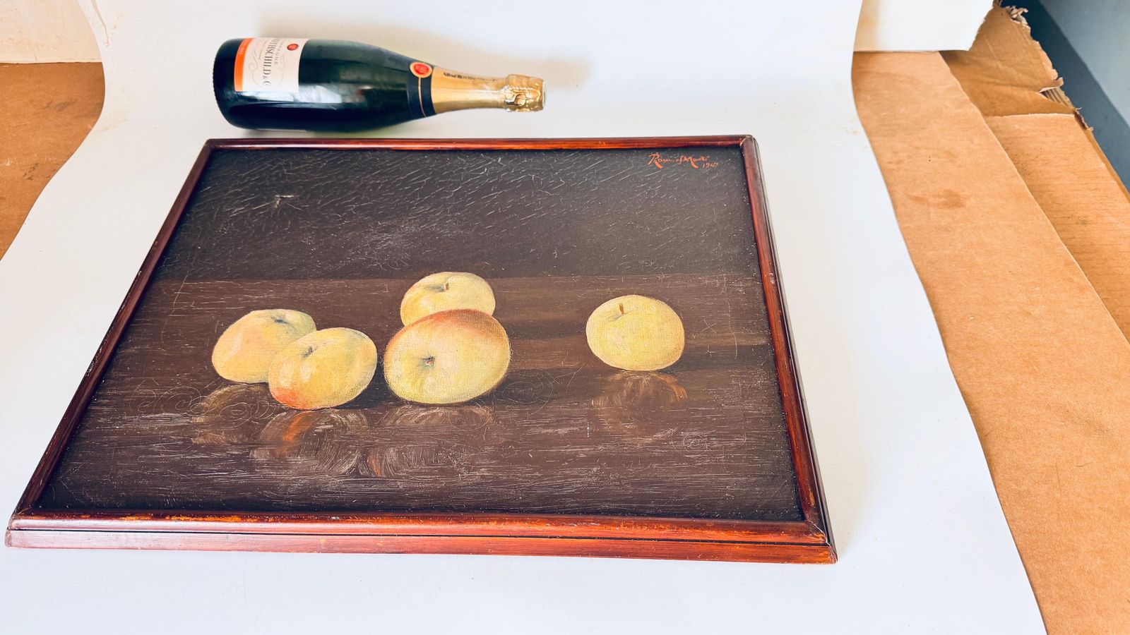 Still Life Oil On Canvas: Apples With Light And Shadow, Dark Wood Frame photo furniture