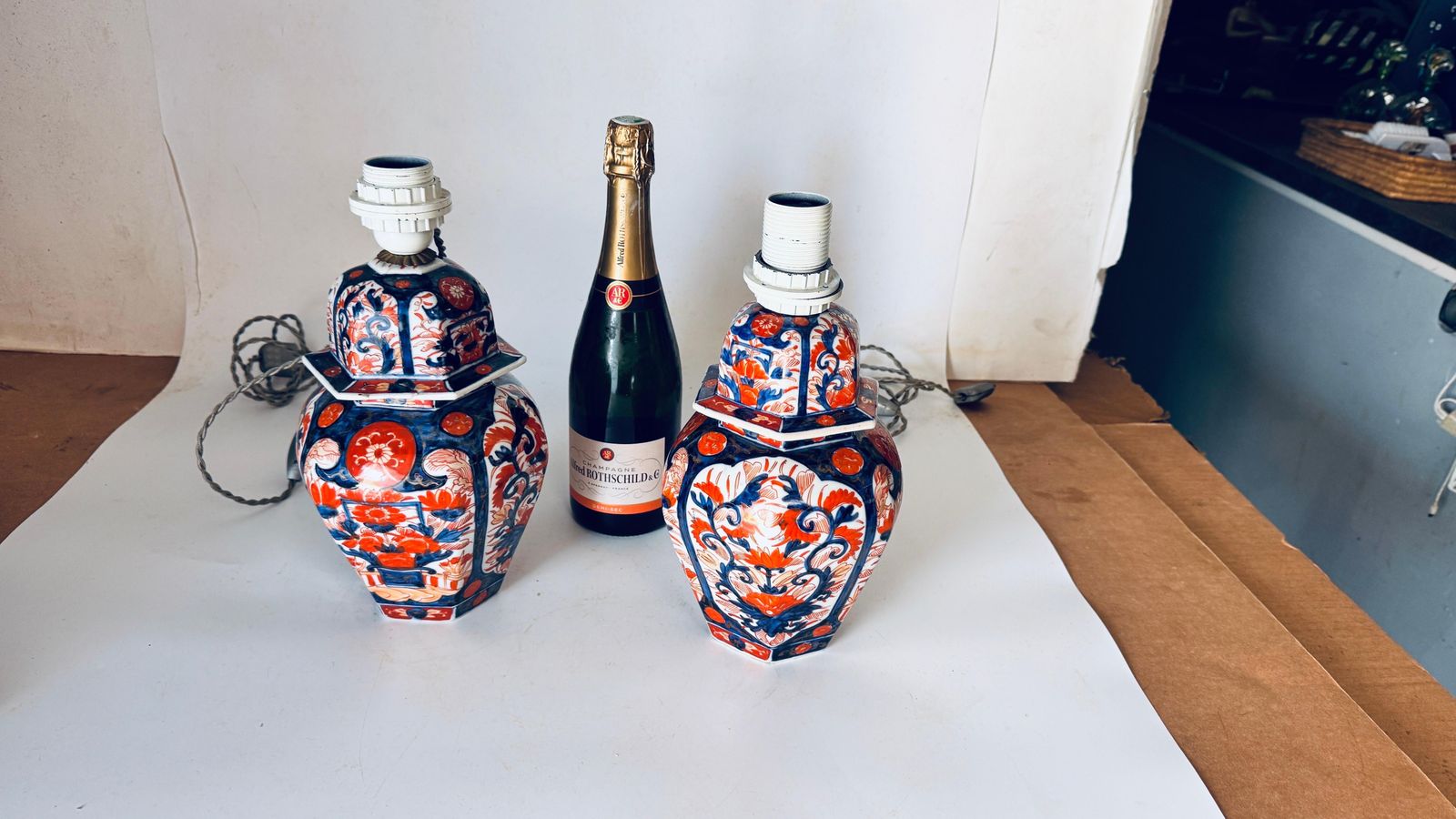 Pair Of Early 20th Century Japanese Table Lamps, Floral Motifs, Orange And Blue photo furniture