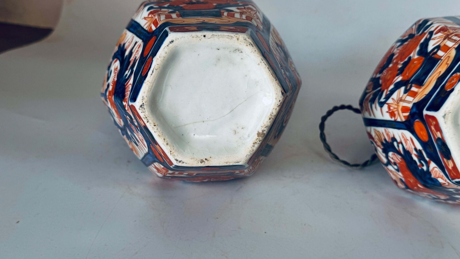 Pair Of Early 20th Century Japanese Table Lamps, Floral Motifs, Orange And Blue photo for sale