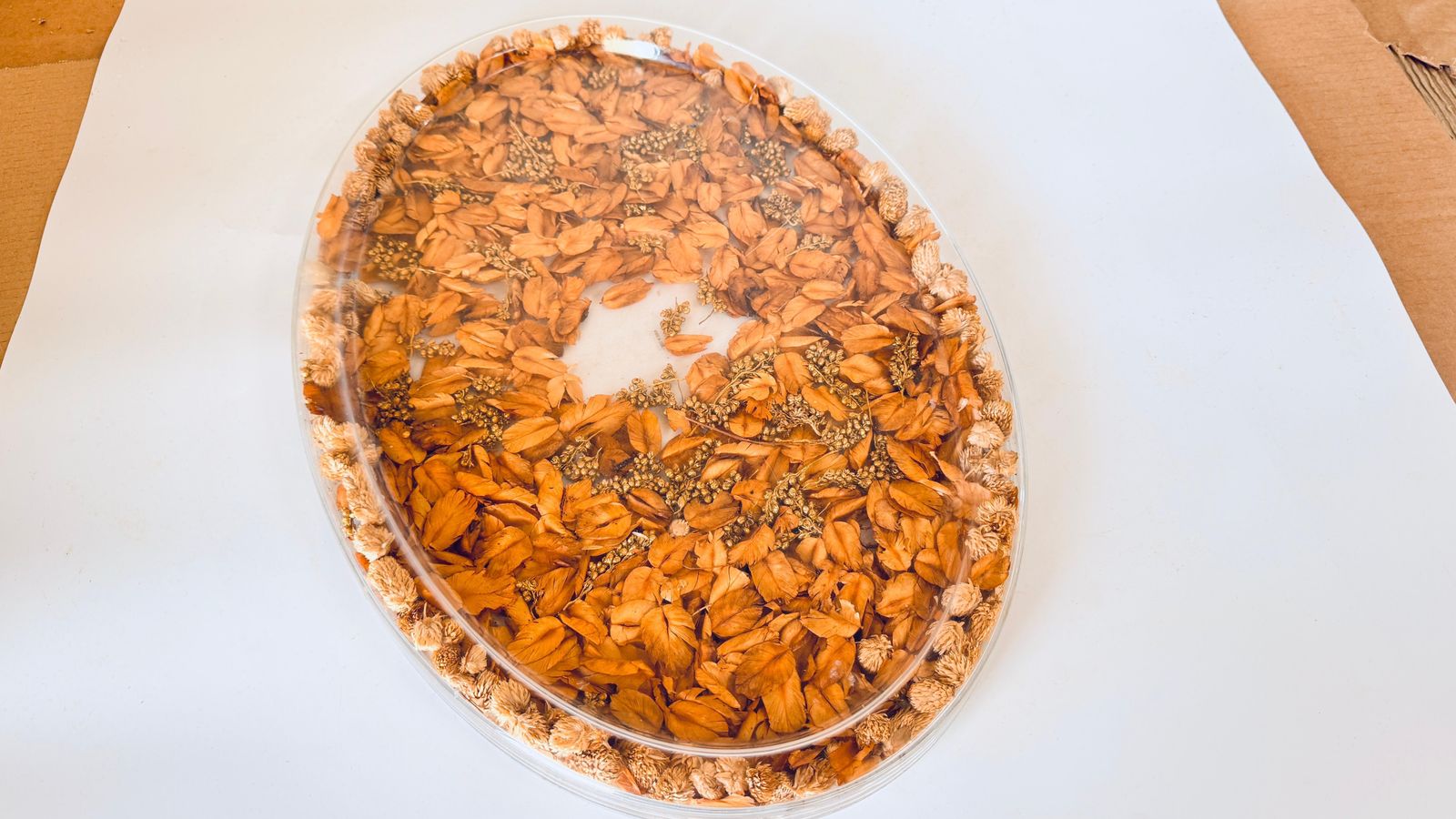 1970s Asian Hard Plastic Tray With Embedded Dried Flowers And Leaves, Oval Shape photo 362.0