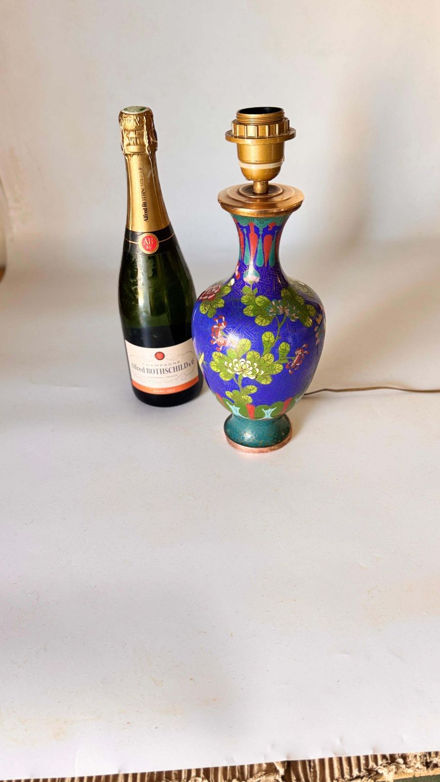 Early 20th Century Chinese Cloisonné Table Lamp, Floral Motifs, Brass Accents photo furniture