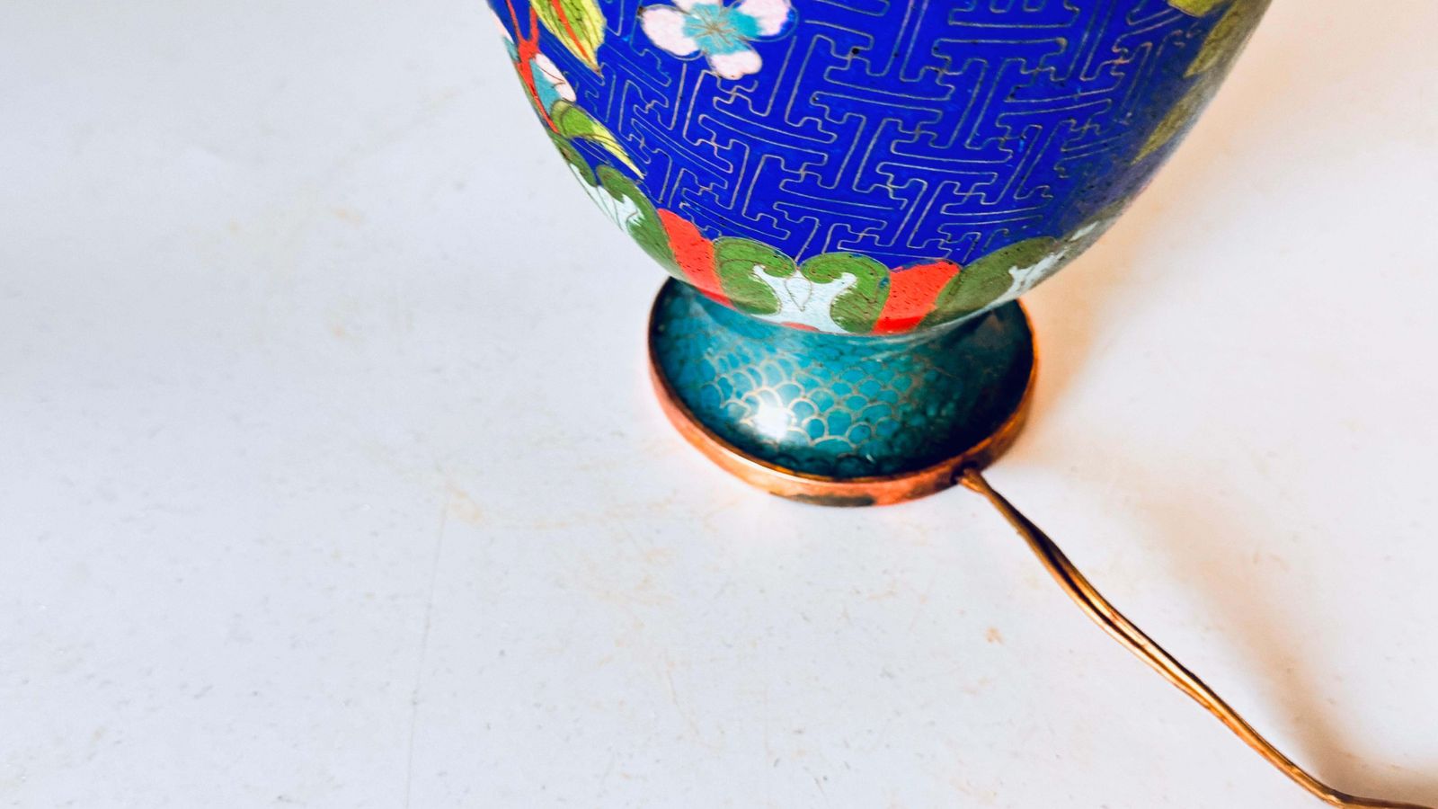 photo for sale Early 20th Century Chinese Cloisonné Table Lamp, Floral Motifs, Brass Accents