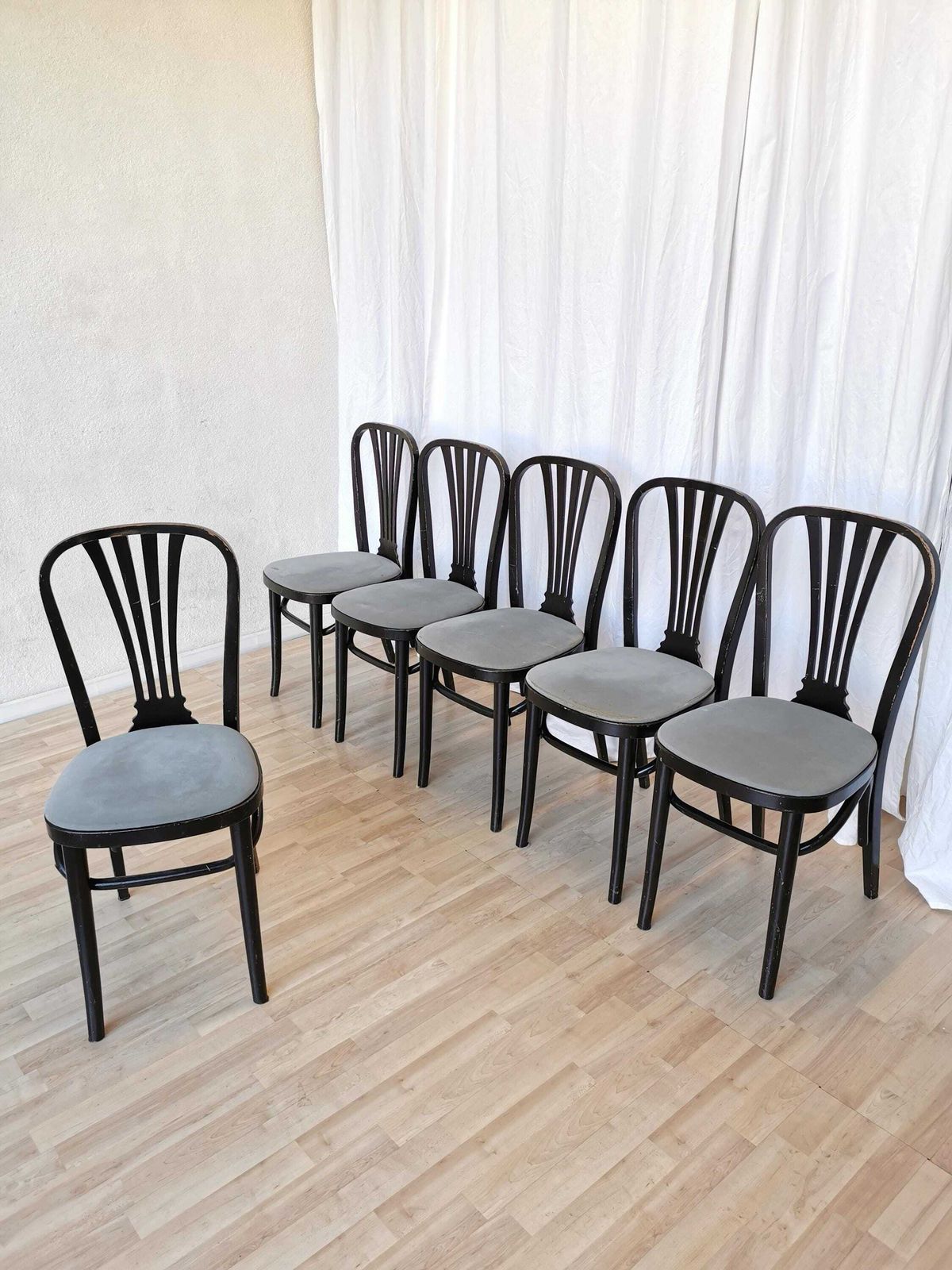 1 Of 6 Vintage Dining Chairs By Stol Kamnik Original / 1970s Yugoslavia / Mid Century Black Wooden Dine Chair With Gray Fabric Seat