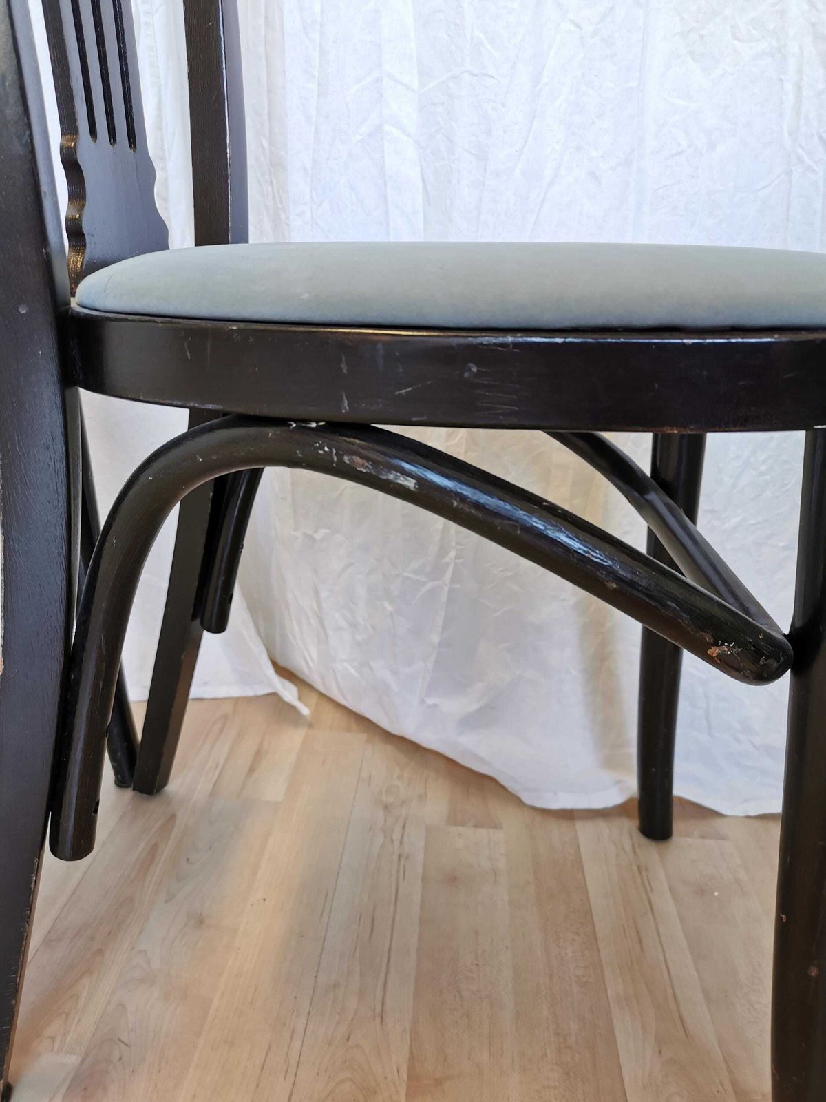 1 Of 6 Vintage Dining Chairs By Stol Kamnik Original / 1970s Yugoslavia / Mid Century Black Wooden Dine Chair With Gray Fabric Seat photo for sale