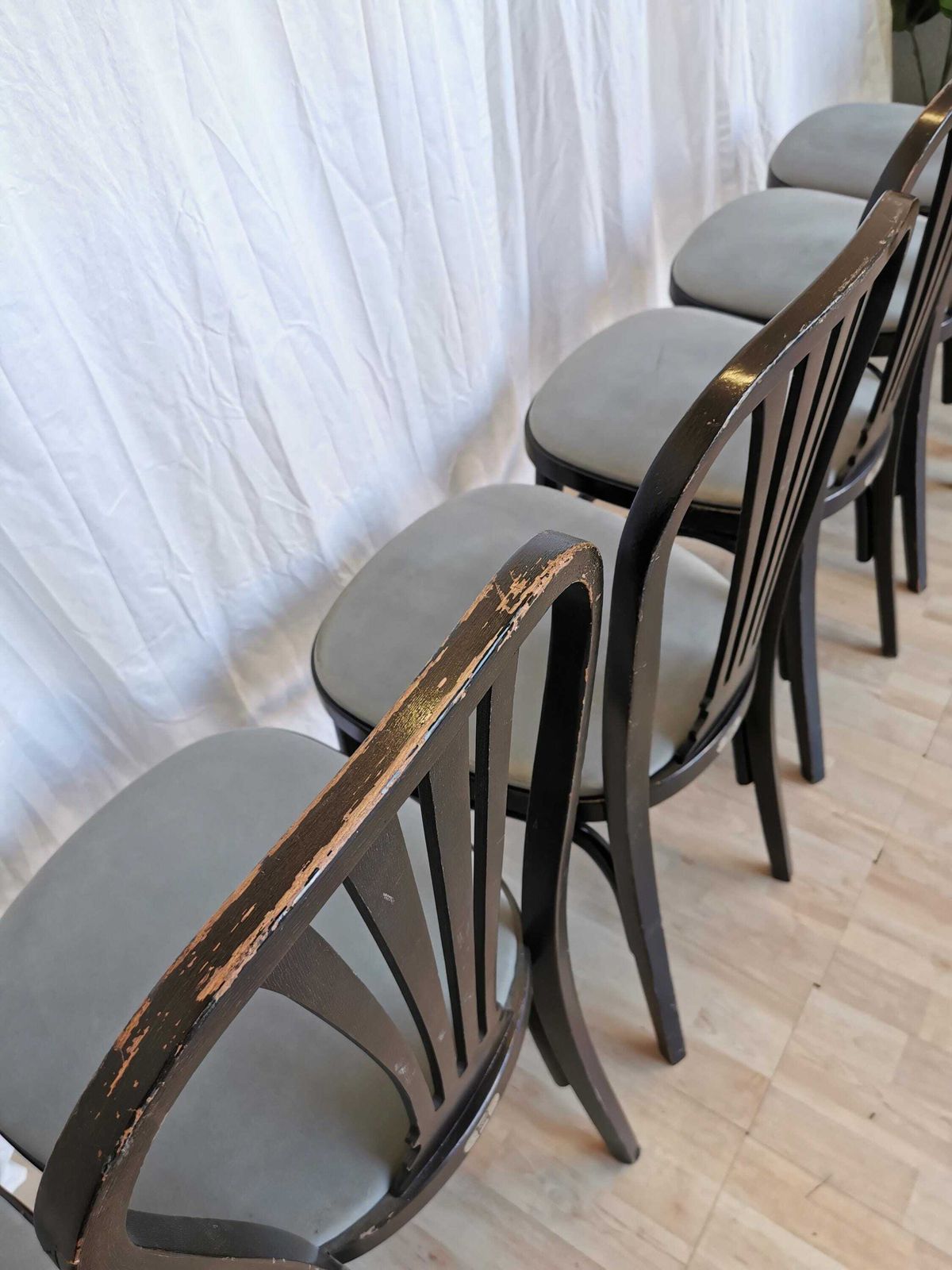 1 Of 6 Vintage Dining Chairs By Stol Kamnik Original / 1970s Yugoslavia / Mid Century Black Wooden Dine Chair With Gray Fabric Seat photo Furniture