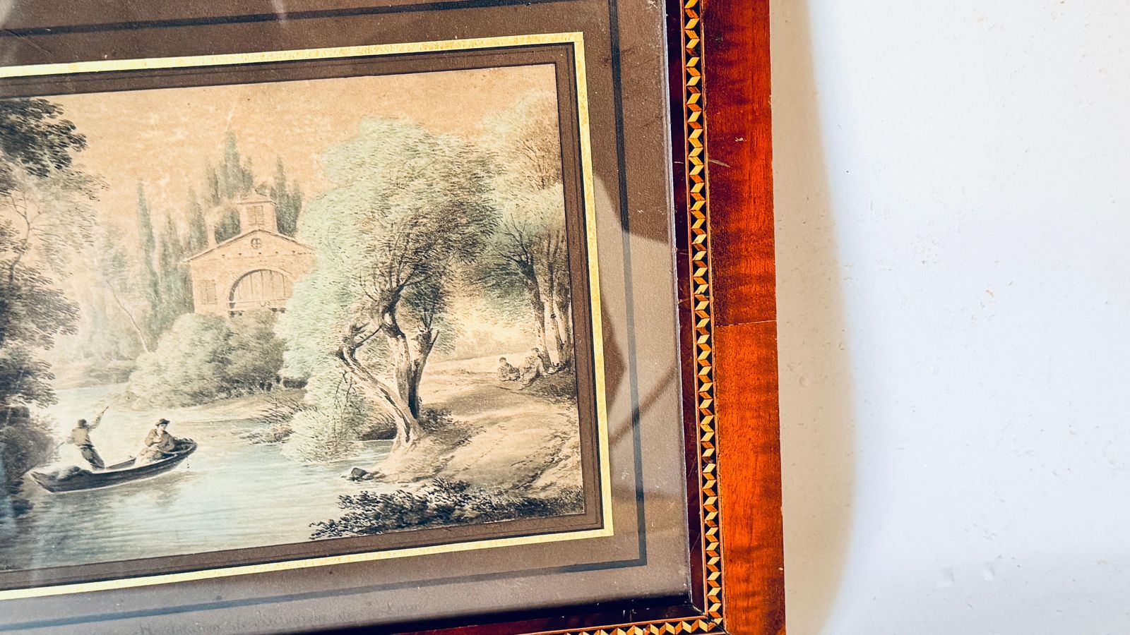19th Century Watercolor By Claude Thiénon – River Scene With Boat And Church photo vinterior