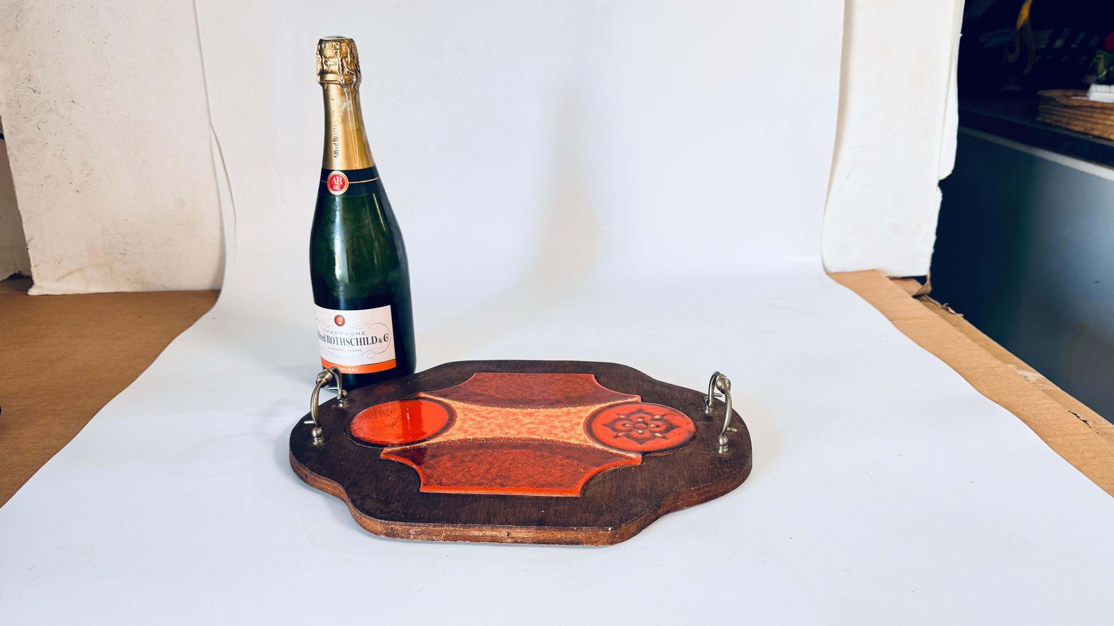 Rustic Wooden Serving Tray With Ceramic Tiles And Metal Handles French Provencal photo for sale