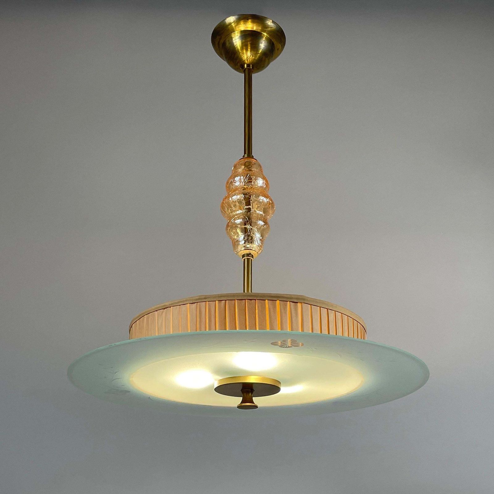 Art Deco Glass, Brass & Fabric Pendant, Sweden 1930s photo Lighting
