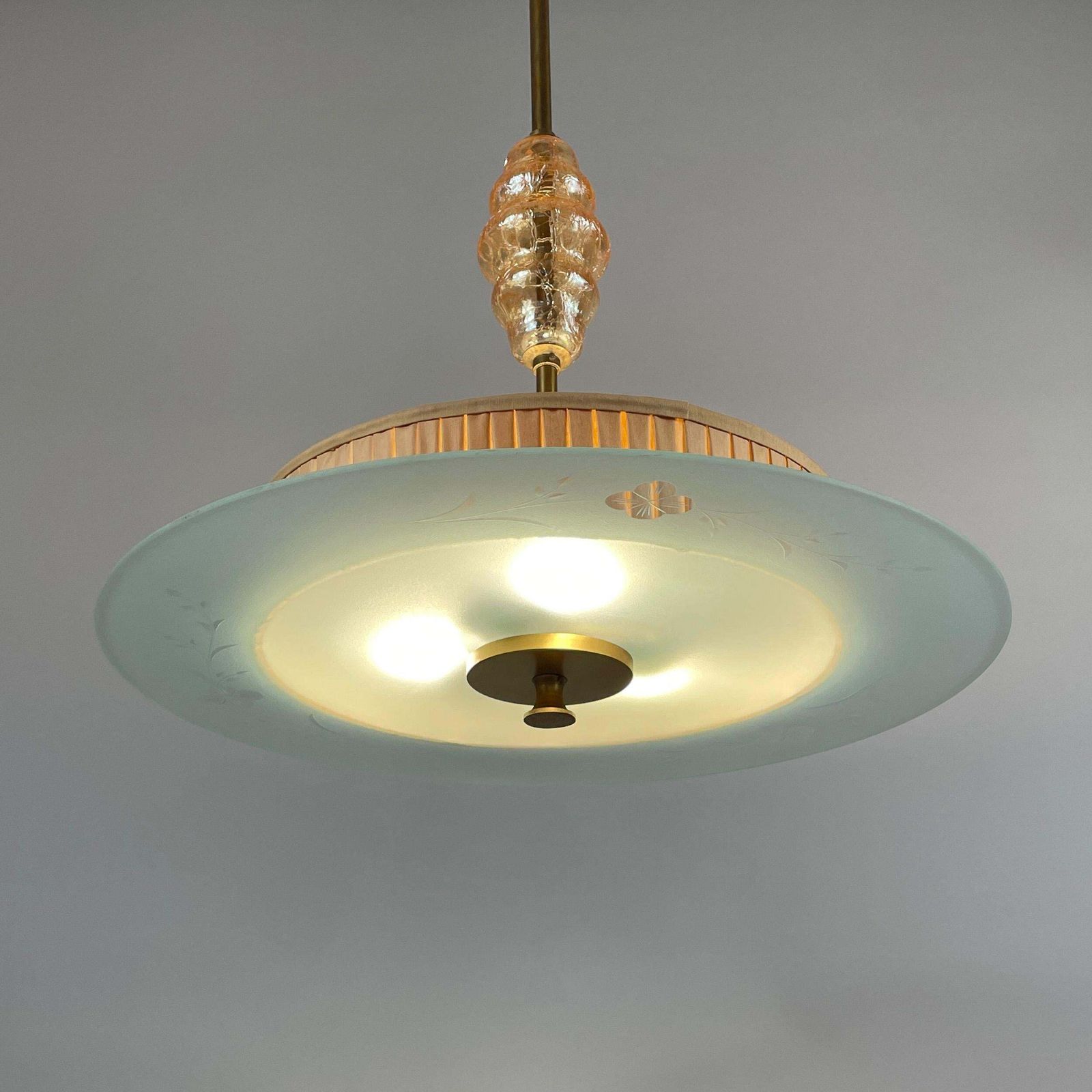 Art Deco Glass, Brass & Fabric Pendant, Sweden 1930s photo 2278.0