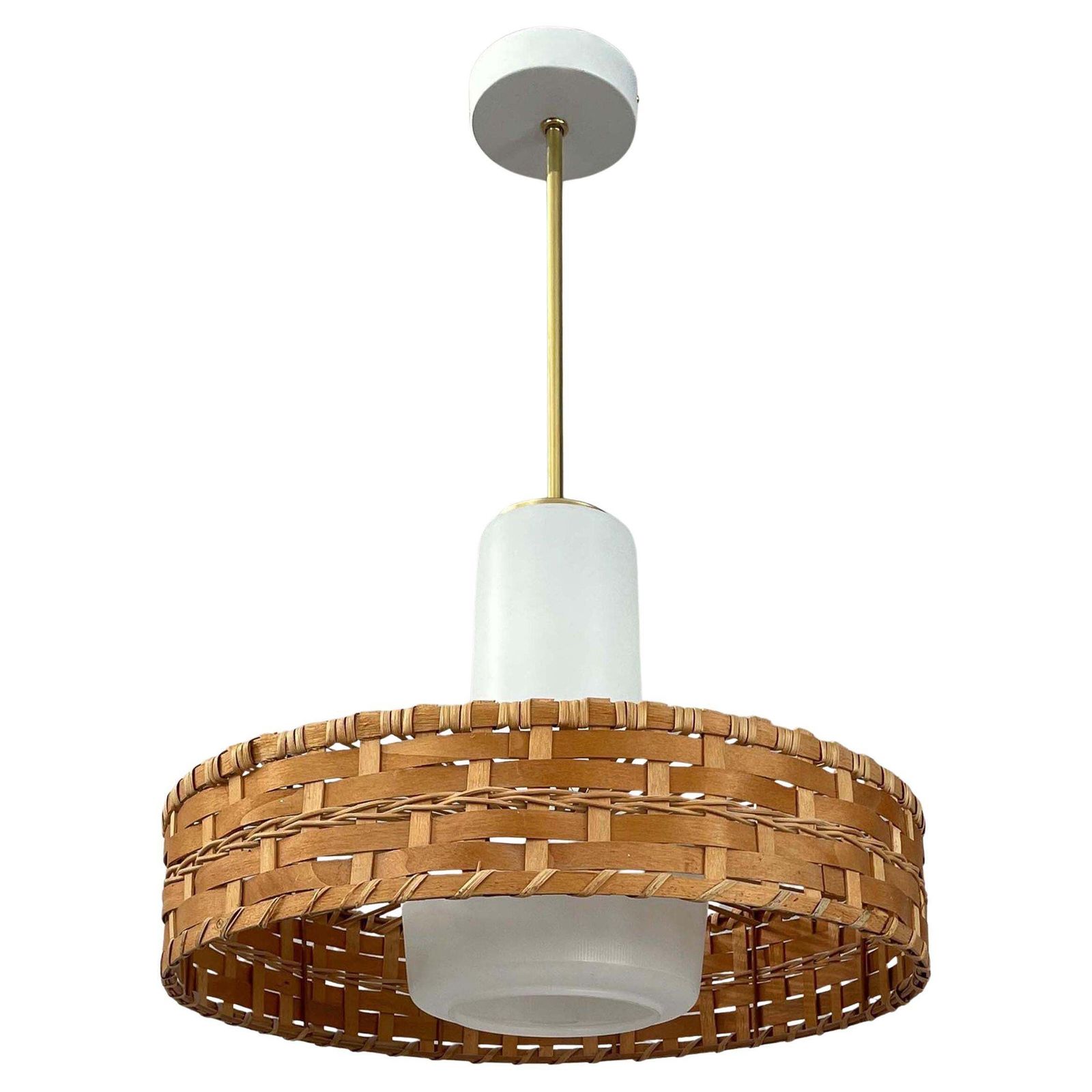 Rattan & Frosted Glass Pendant By Doria, Germany 1960s