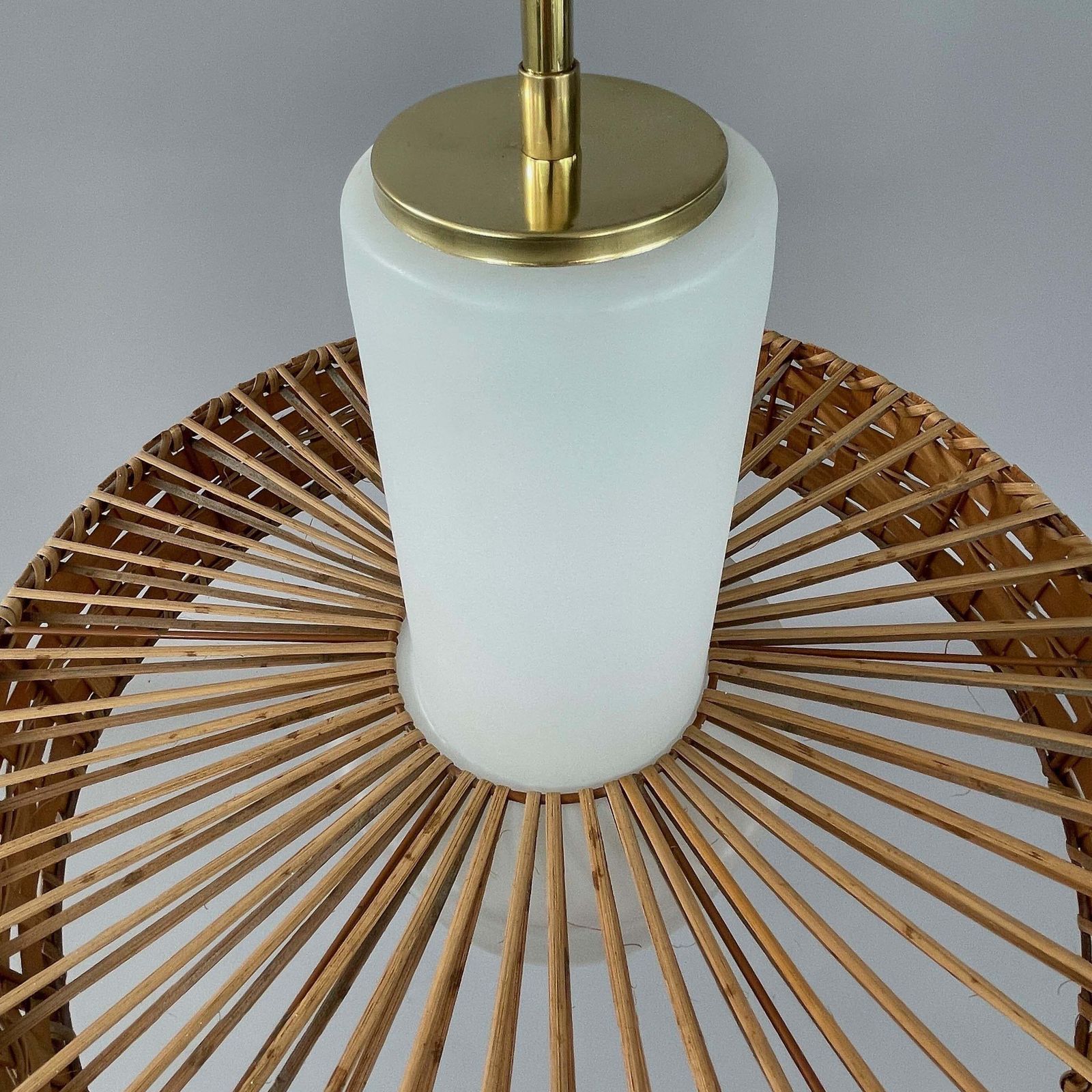 Rattan & Frosted Glass Pendant By Doria, Germany 1960s photo vinterior