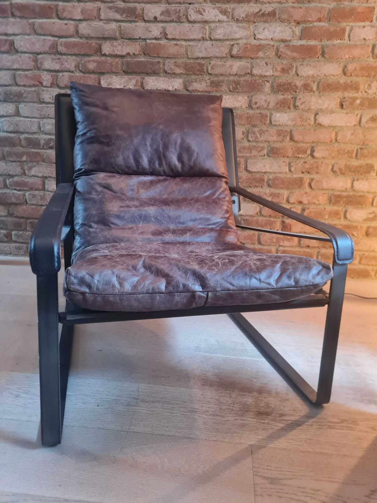 Industrial Style Leather Brown Armchair Steel Frame Used photo furniture