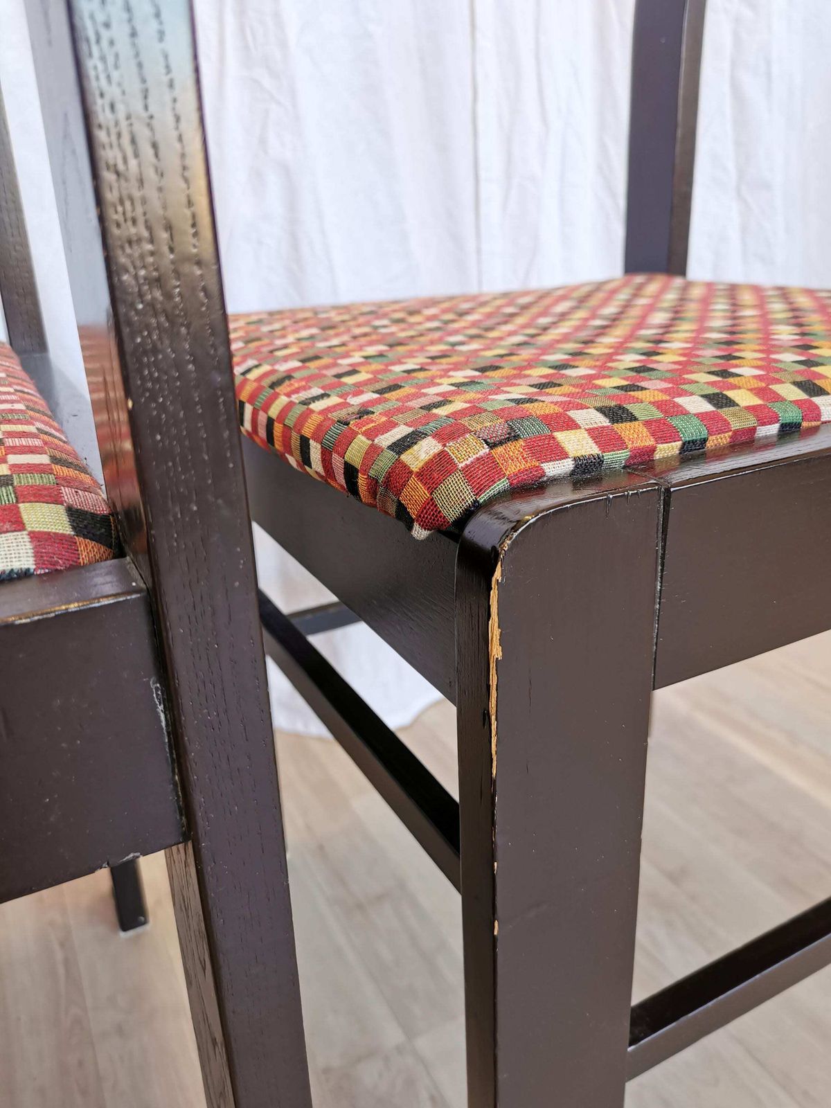 1 Of 4 Vintage Black Wooden Dining Chairs With Retro Fabric Seat / 1970s Yugoslavia / Eclectic Mid Century Dine Chairs / Pub Bistro Bar photo 212.0