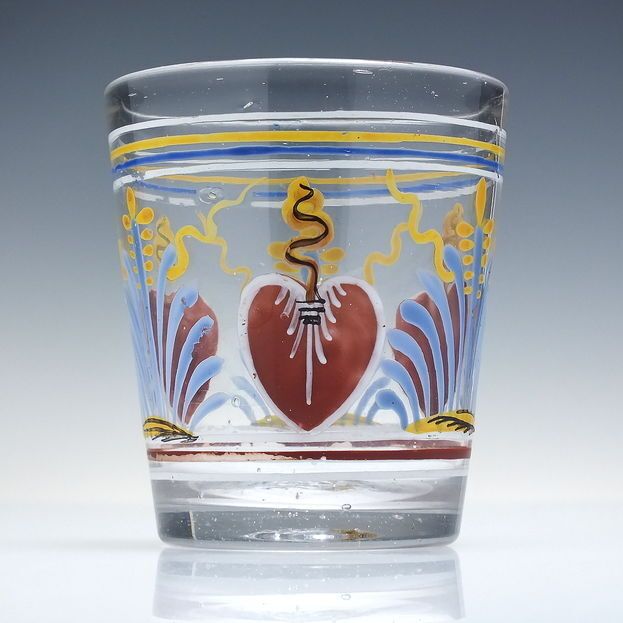 18th Century Polychrome Enamelled Glass Tumbler With Love Hearts C1760