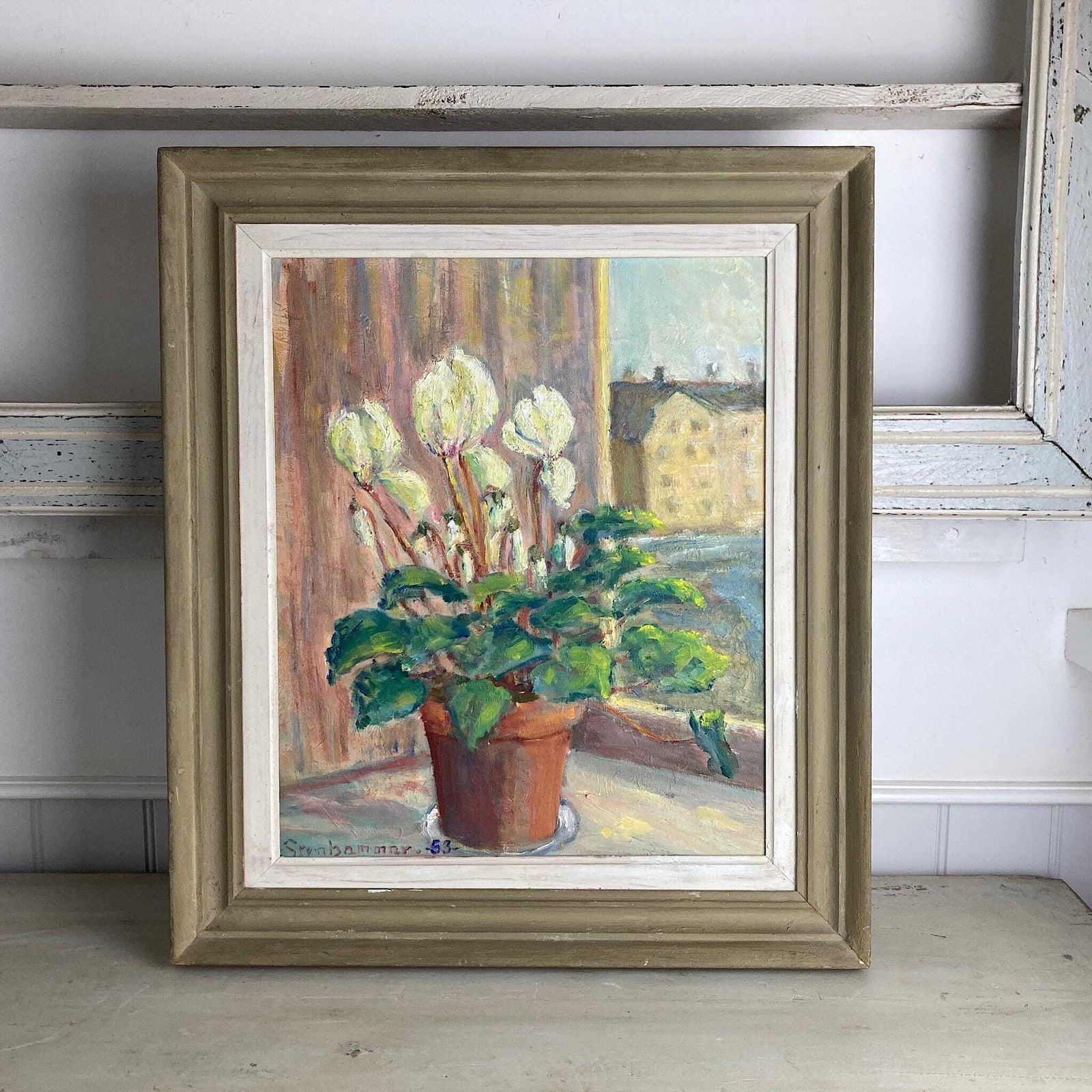 Flowers In The Window   Vintage Scandinavian Oil On Board Painting Of White Cyclamen Flowers In A Pot Dated 1953 Framed Original Swedish Art