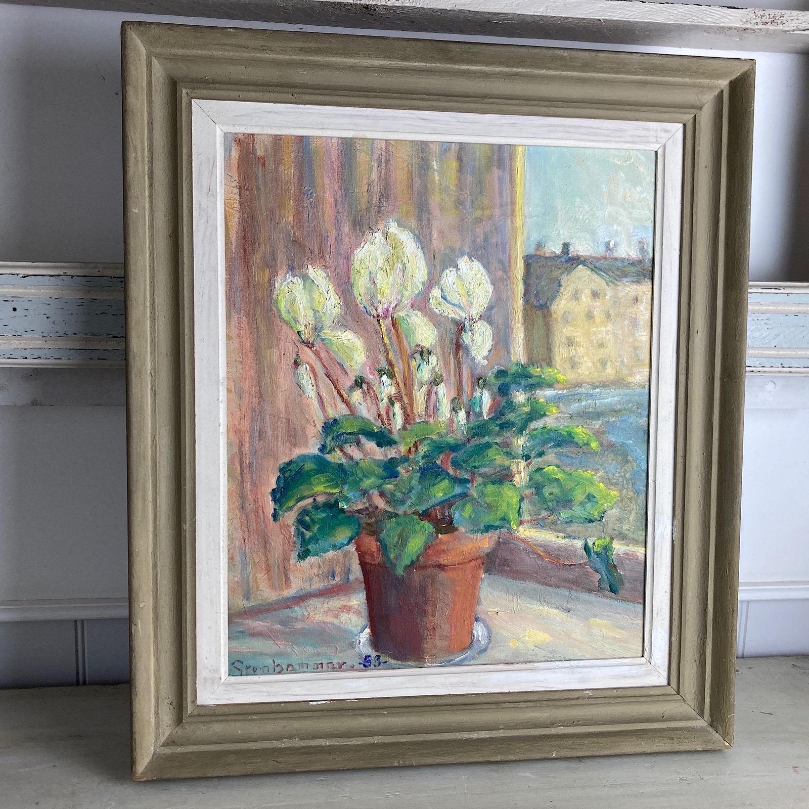 Flowers In The Window   Vintage Scandinavian Oil On Board Painting Of White Cyclamen Flowers In A Pot Dated 1953 Framed Original Swedish Art photo for sale