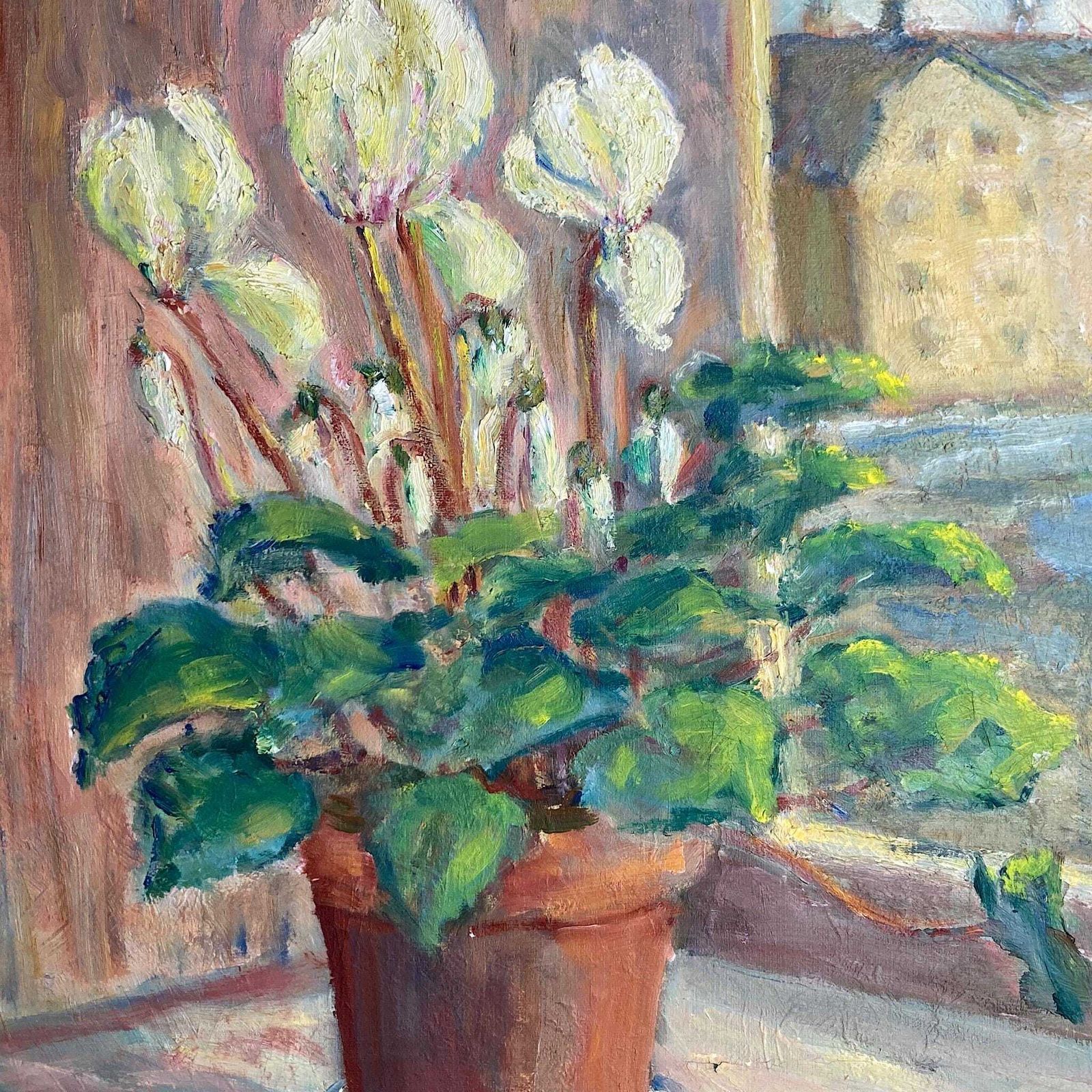 Flowers In The Window   Vintage Scandinavian Oil On Board Painting Of White Cyclamen Flowers In A Pot Dated 1953 Framed Original Swedish Art photo 298.0