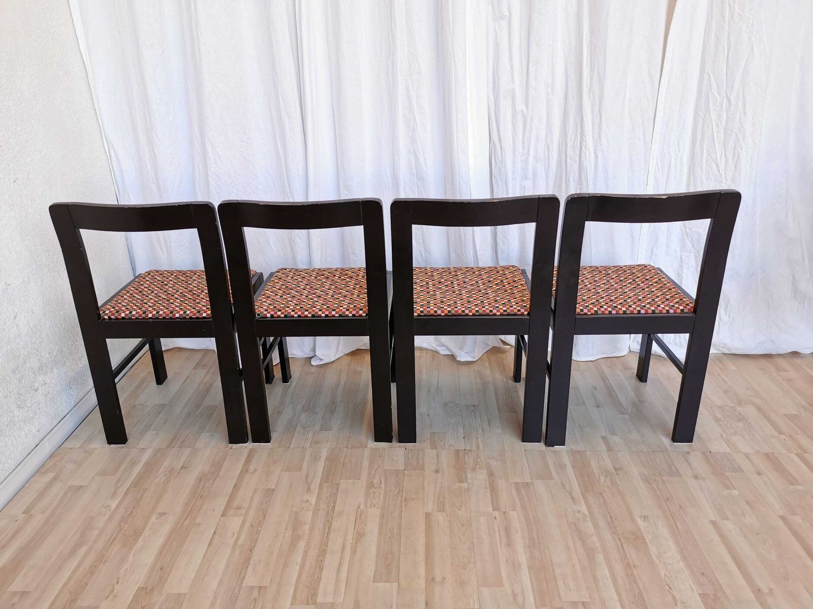 Set Of 4 Vintage Black Wooden Dining Chairs With Retro Fabric Seat / 1970s Yugoslavia / Eclectic Mid Century Dine Chairs / Pub Bistro Bar photo Furniture