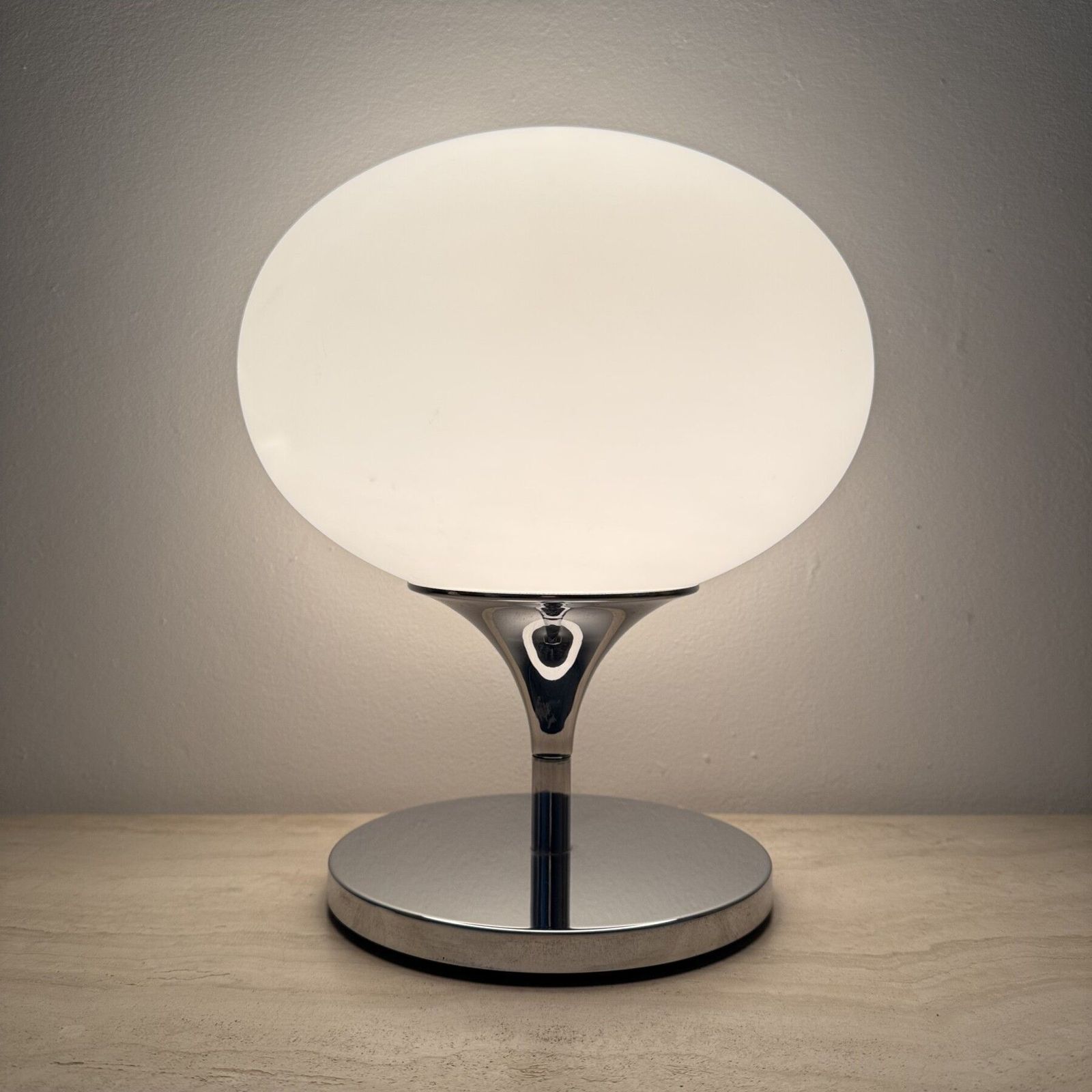 photo for sale Opaline Glass Chromed Steel & Cast Iron Space Age Lamp By Kaiser Leuchten, 1970’s