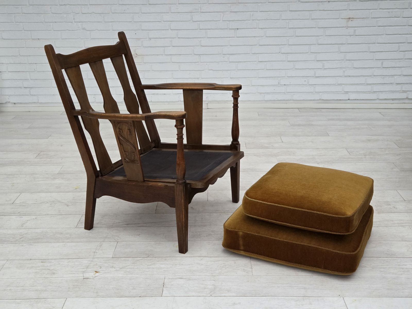 1950s, Danish Vintage Armchair, Original Green Furniture Velour, Oak Wood. photo for sale