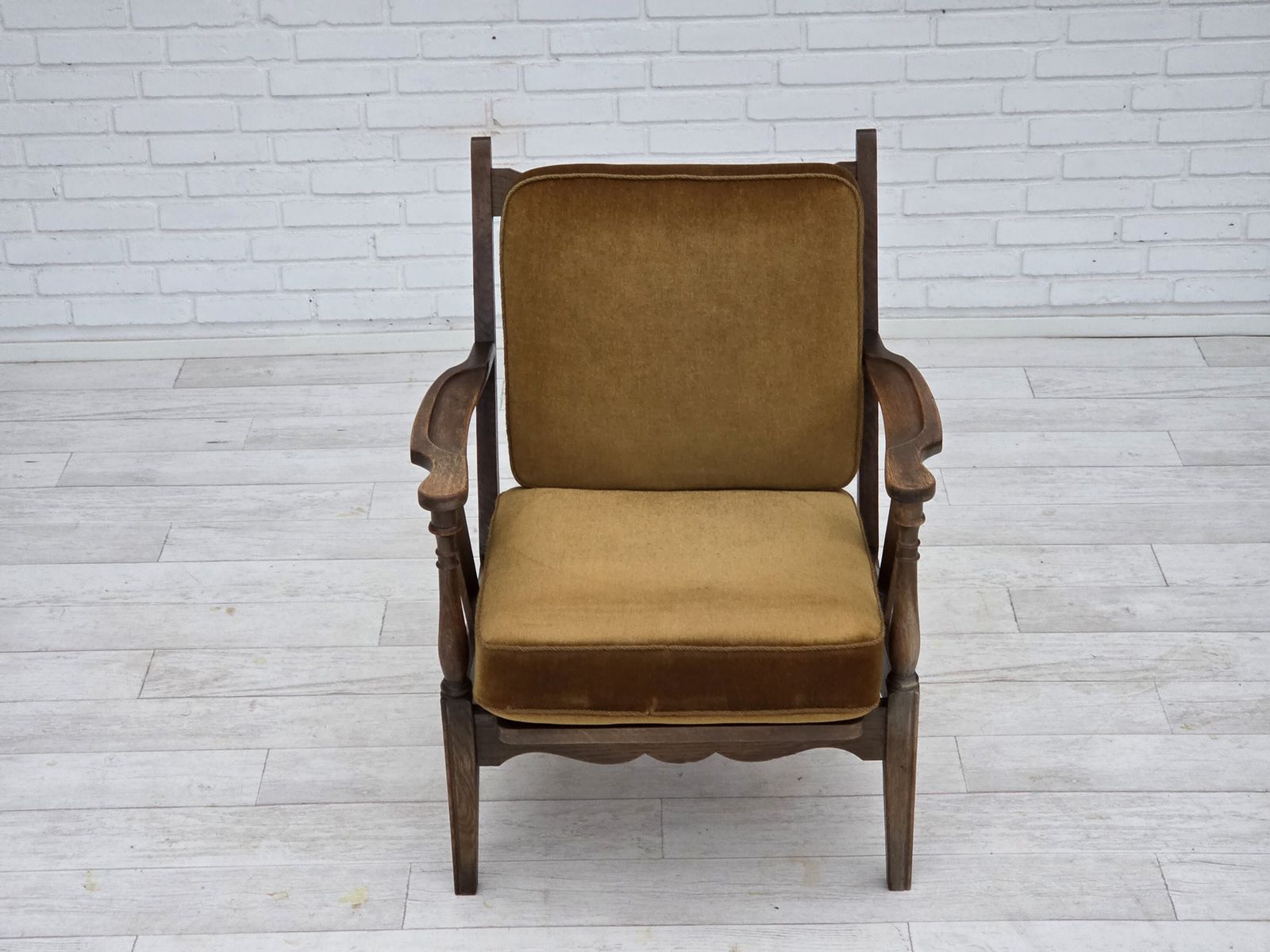 1950s, Danish Vintage Armchair, Original Green Furniture Velour, Oak Wood. photo Furniture