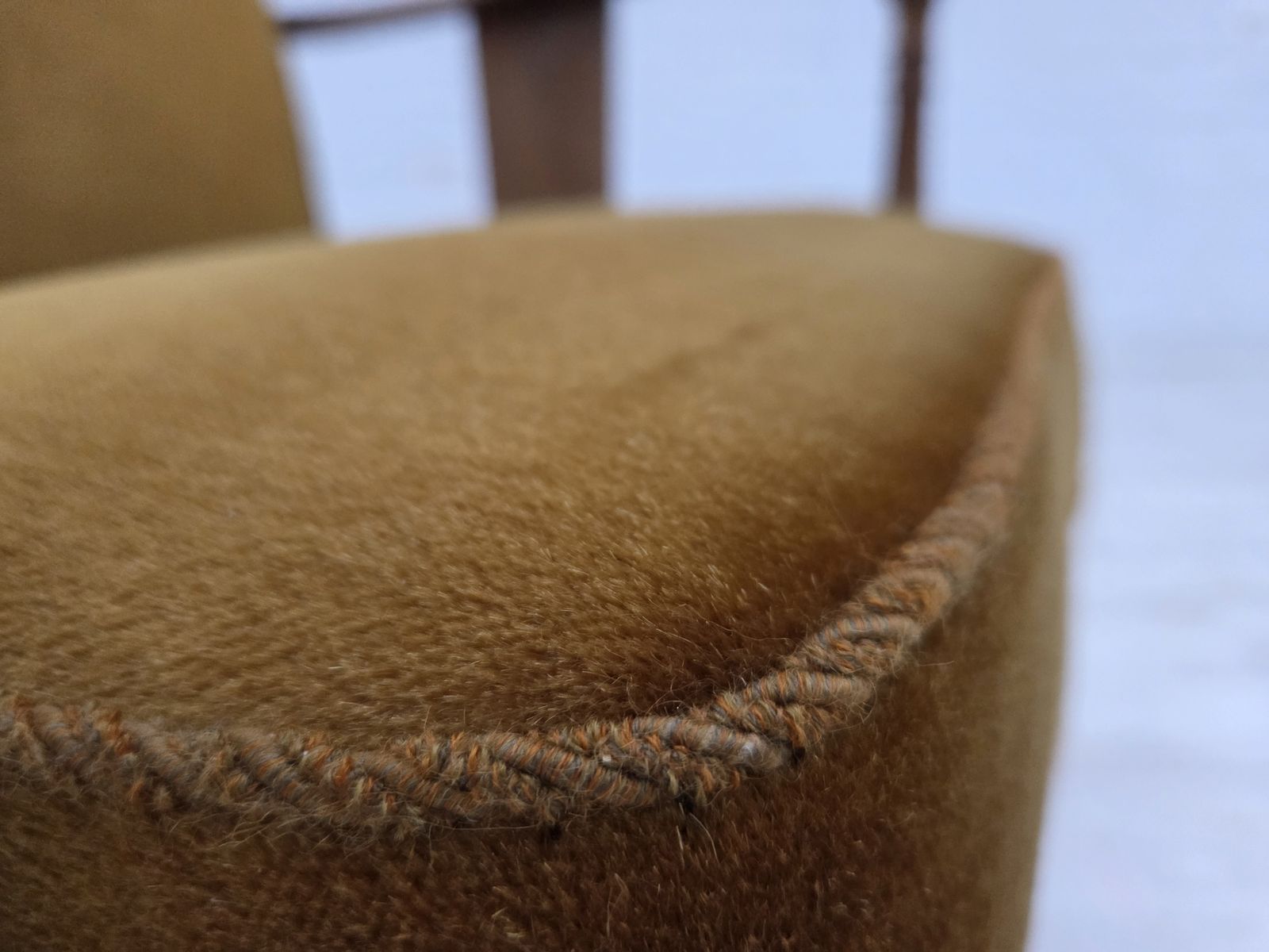 Furniture 1950s, Danish Vintage Armchair, Original Green Furniture Velour, Oak Wood. photo