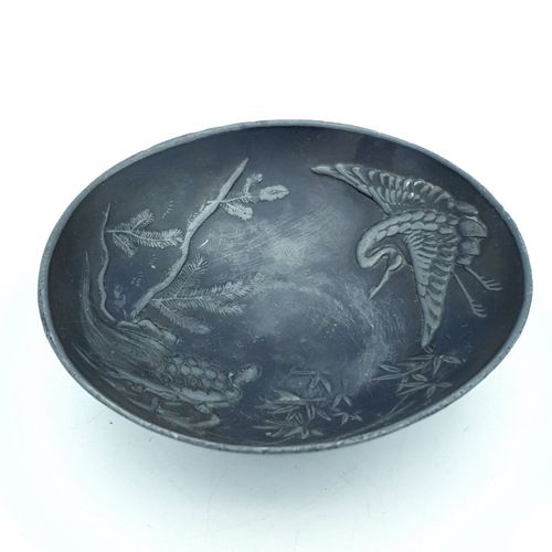 Japanese Metal Bowl Small Crane Turtle Meiji Taisho Hand Engraved Artisan Rare photo furniture