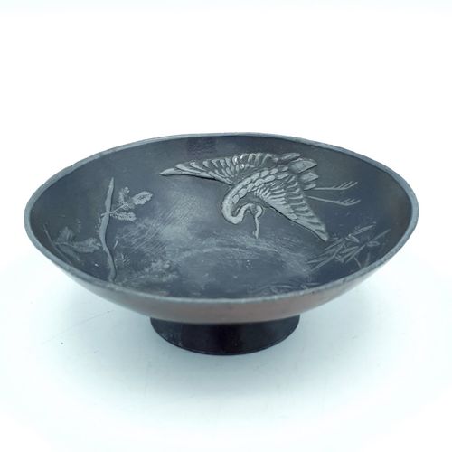 Japanese Metal Bowl Small Crane Turtle Meiji Taisho Hand Engraved Artisan Rare photo vinterior