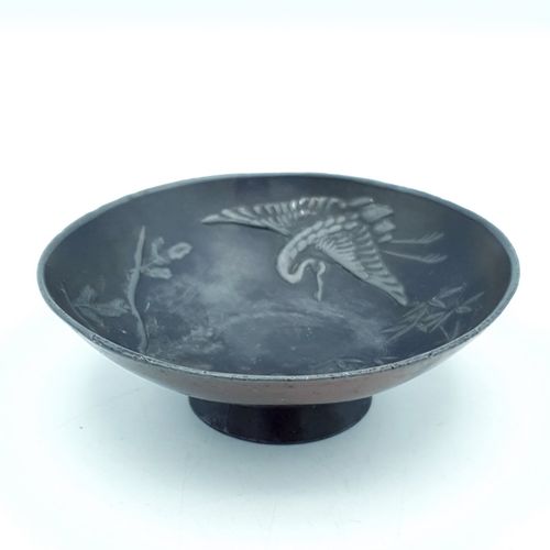 Japanese Metal Bowl Small Crane Turtle Meiji Taisho Hand Engraved Artisan Rare photo vintage