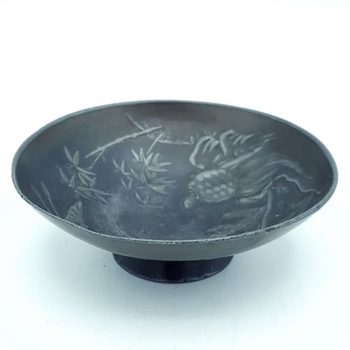 photo for sale Japanese Metal Bowl Small Crane Turtle Meiji Taisho Hand Engraved Artisan Rare