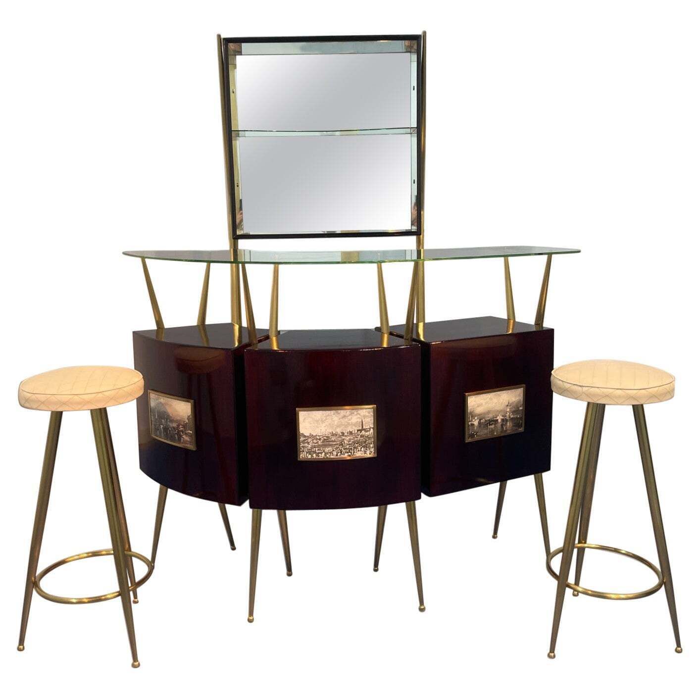 Italian Mid Century Cocktail Bar Set With Cabinet Gio Ponti Design Style, 1950s photo furniture