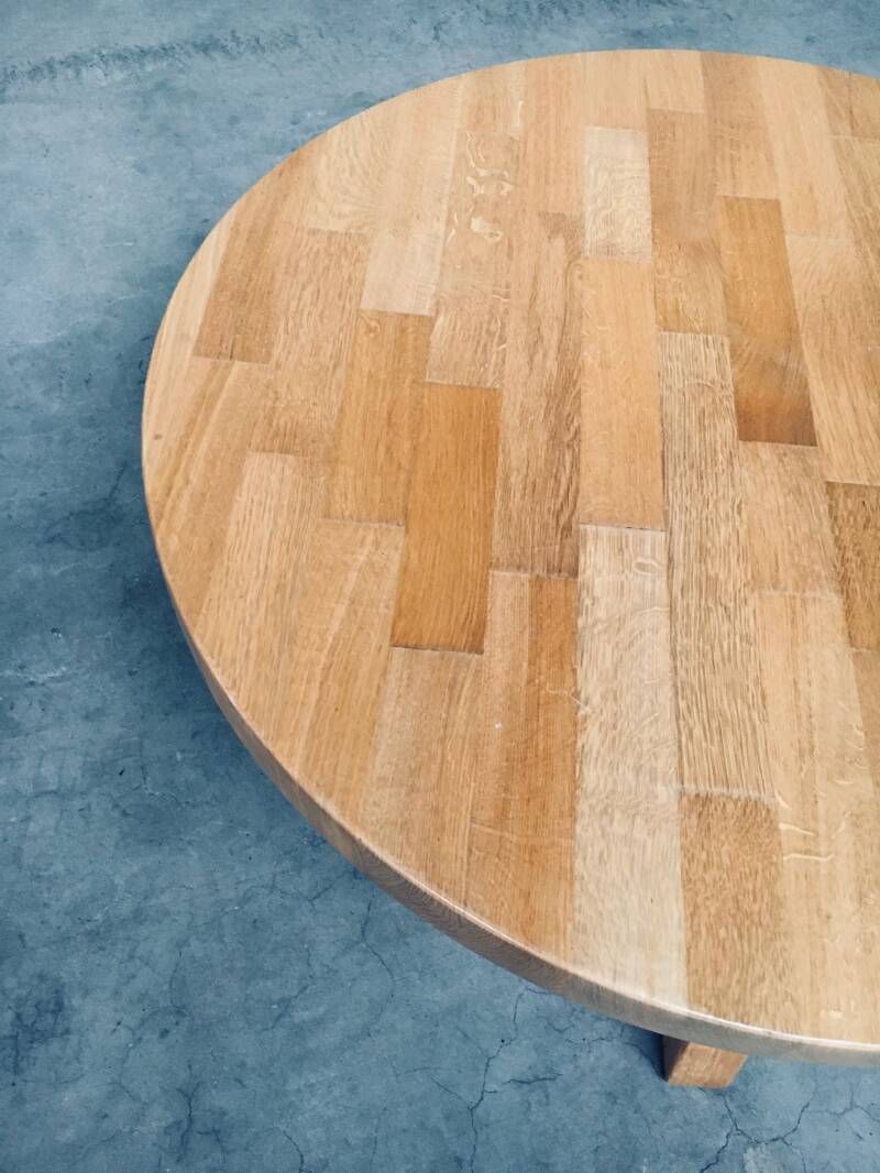 photo vintage Brutalist Design Oak Round Coffee Table By Meubelfabriek Oisterwijk, Netherlands 1960's