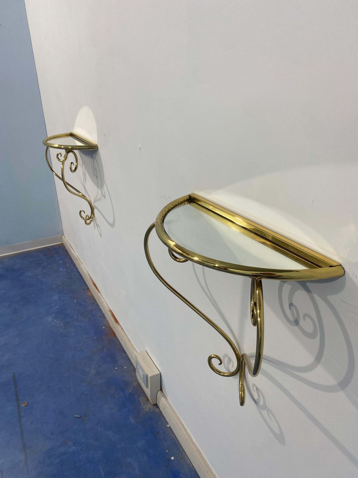 2315.0 Italian Midcentury Suspended Brass Console, Nightstands, Set Of Two, 1950s photo