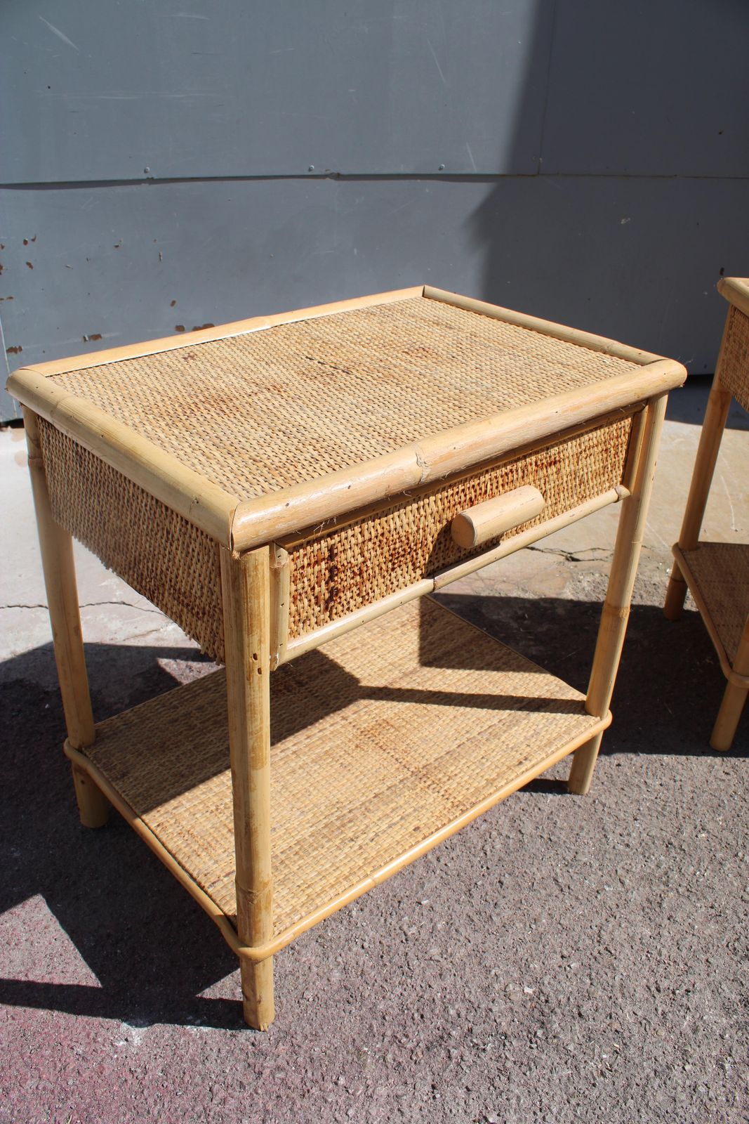 photo for sale Pair Of 1950 Bamboo Nightstands With Drawers And Shelves Italian