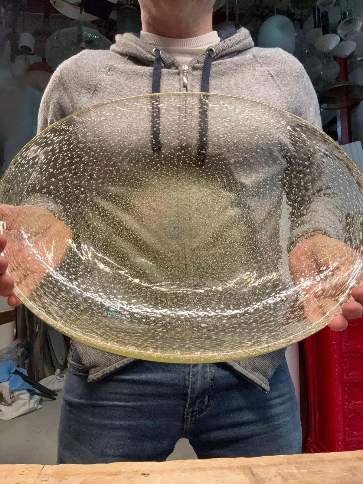 Home Decor Seguso Large Oval Concave Plate With Bubbles And Gold Dust 1950s Great Quality photo