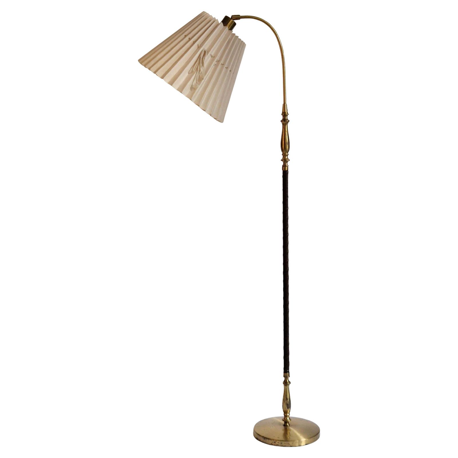 Floor Lamp In Brass With Dark Brown Leather Trim, Swedish / Scandinavian Modern