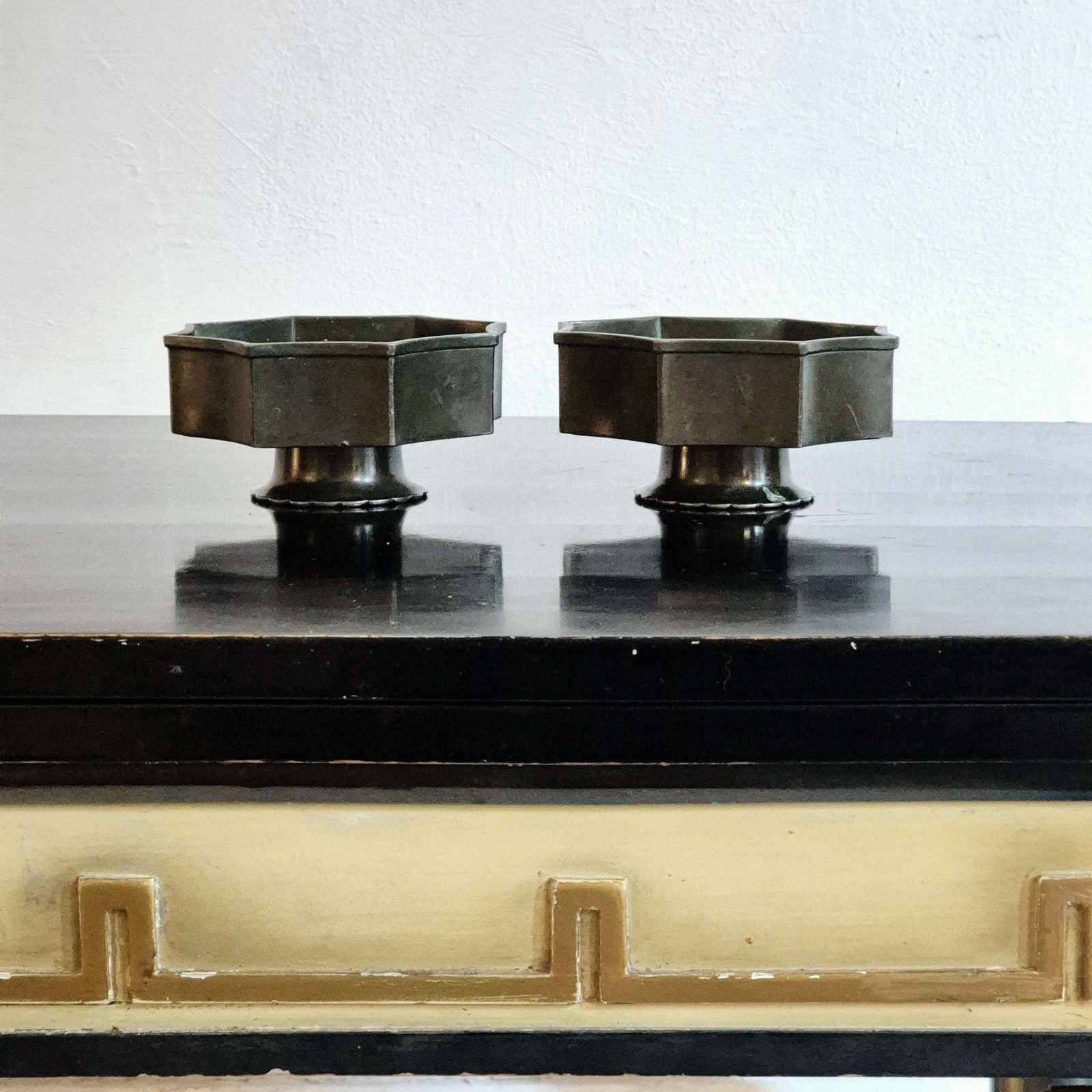 Just Andersen, A Pair Of Bowls / Candle Holders In Disko Metal, Danish Grace