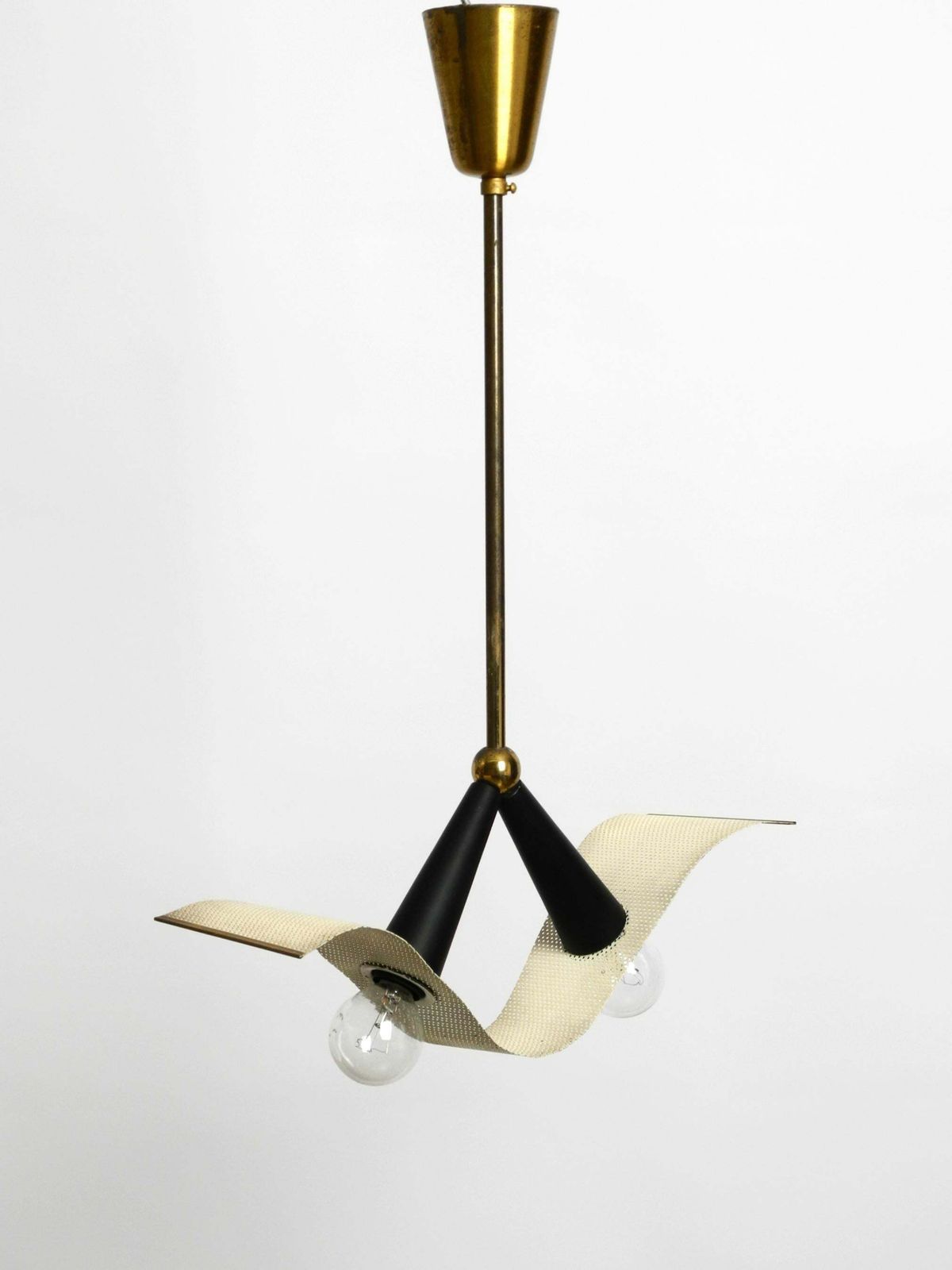Mid Century Brass Ceiling Cone Lamp With A Curved Perforated Sheet Lampshade photo furniture