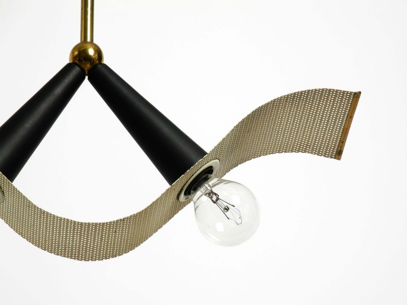1274.0 Mid Century Brass Ceiling Cone Lamp With A Curved Perforated Sheet Lampshade photo