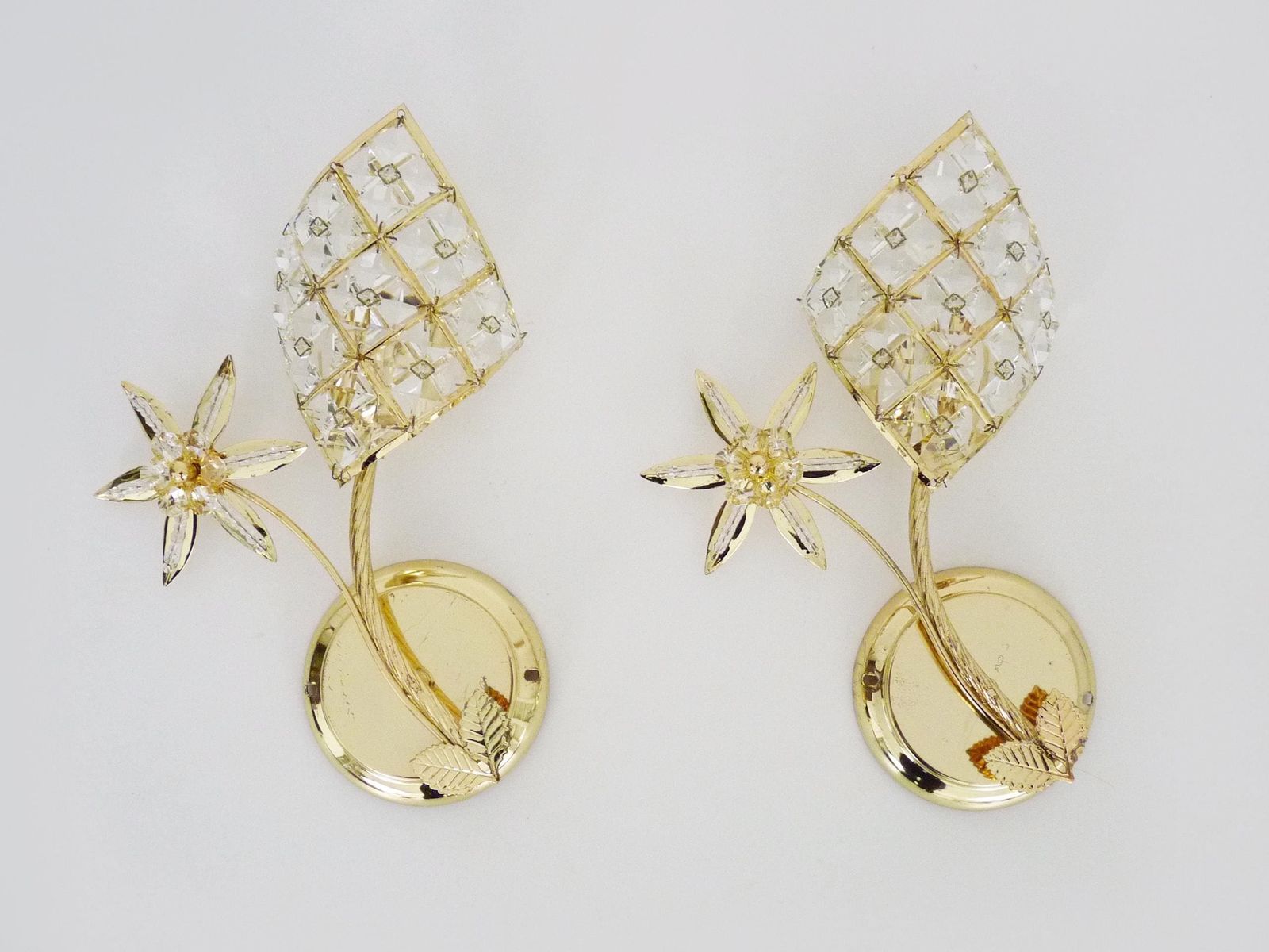 Pair Of Vintage Floral Shaped Wall Sconces In Gold Plated Metal With Glass Pendants. 1980s