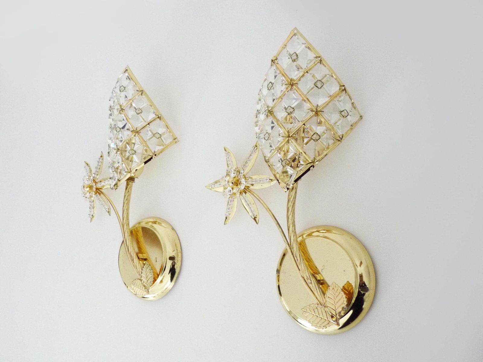 Pair Of Vintage Floral Shaped Wall Sconces In Gold Plated Metal With Glass Pendants. 1980s photo for sale