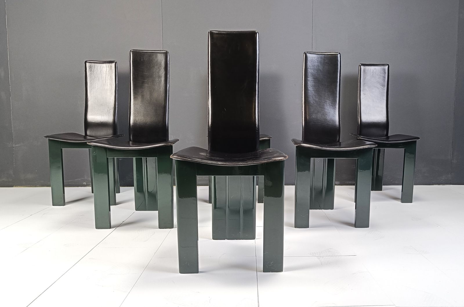 Set Of 6 Italian Leather And Green Lacquer Dining Chairs, 1980s photo for sale