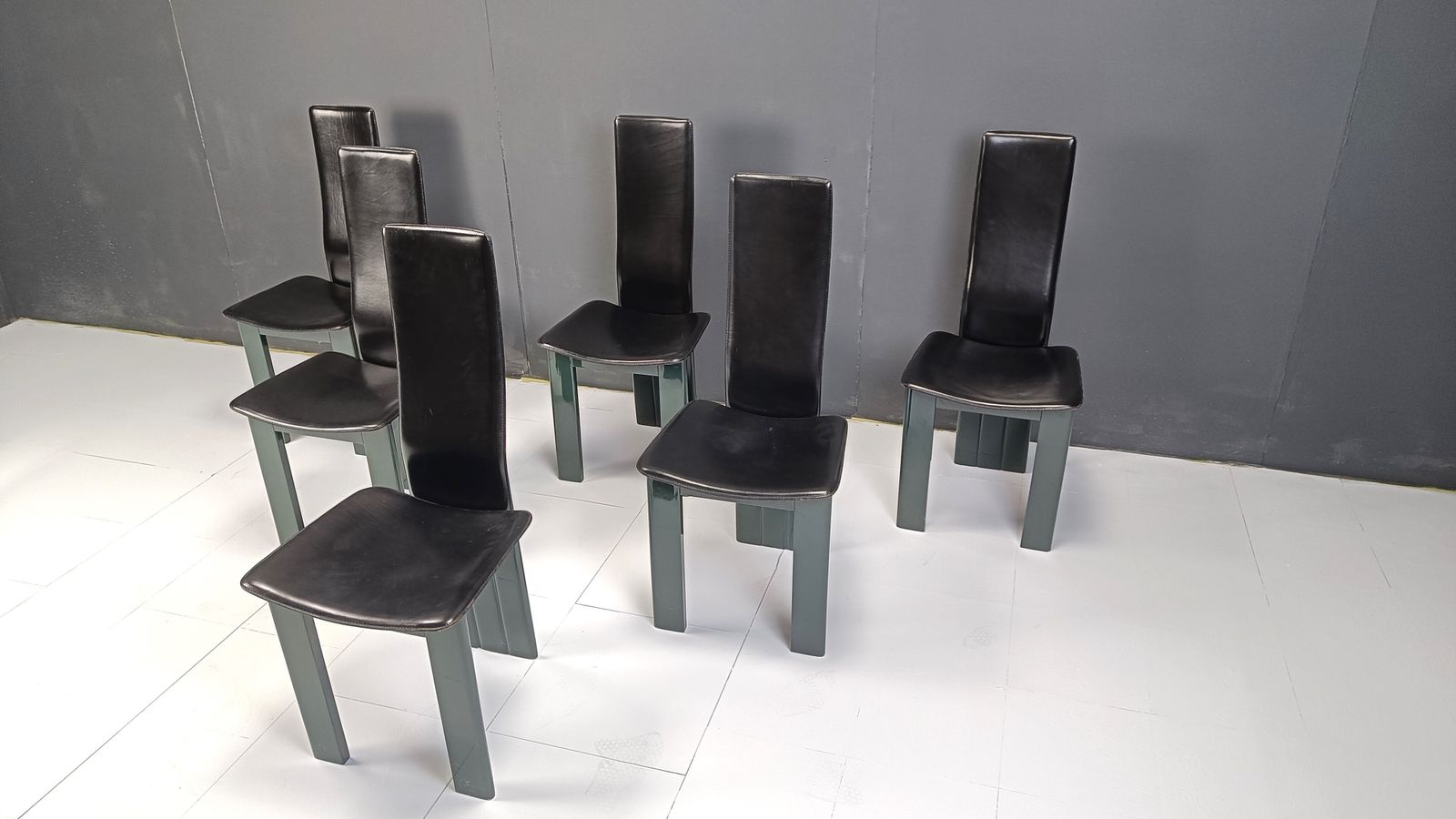 Set Of 6 Italian Leather And Green Lacquer Dining Chairs, 1980s photo vinterior