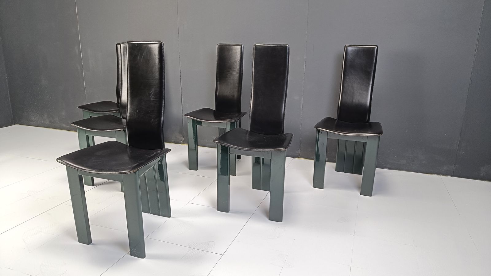 Set Of 6 Italian Leather And Green Lacquer Dining Chairs, 1980s photo vintage