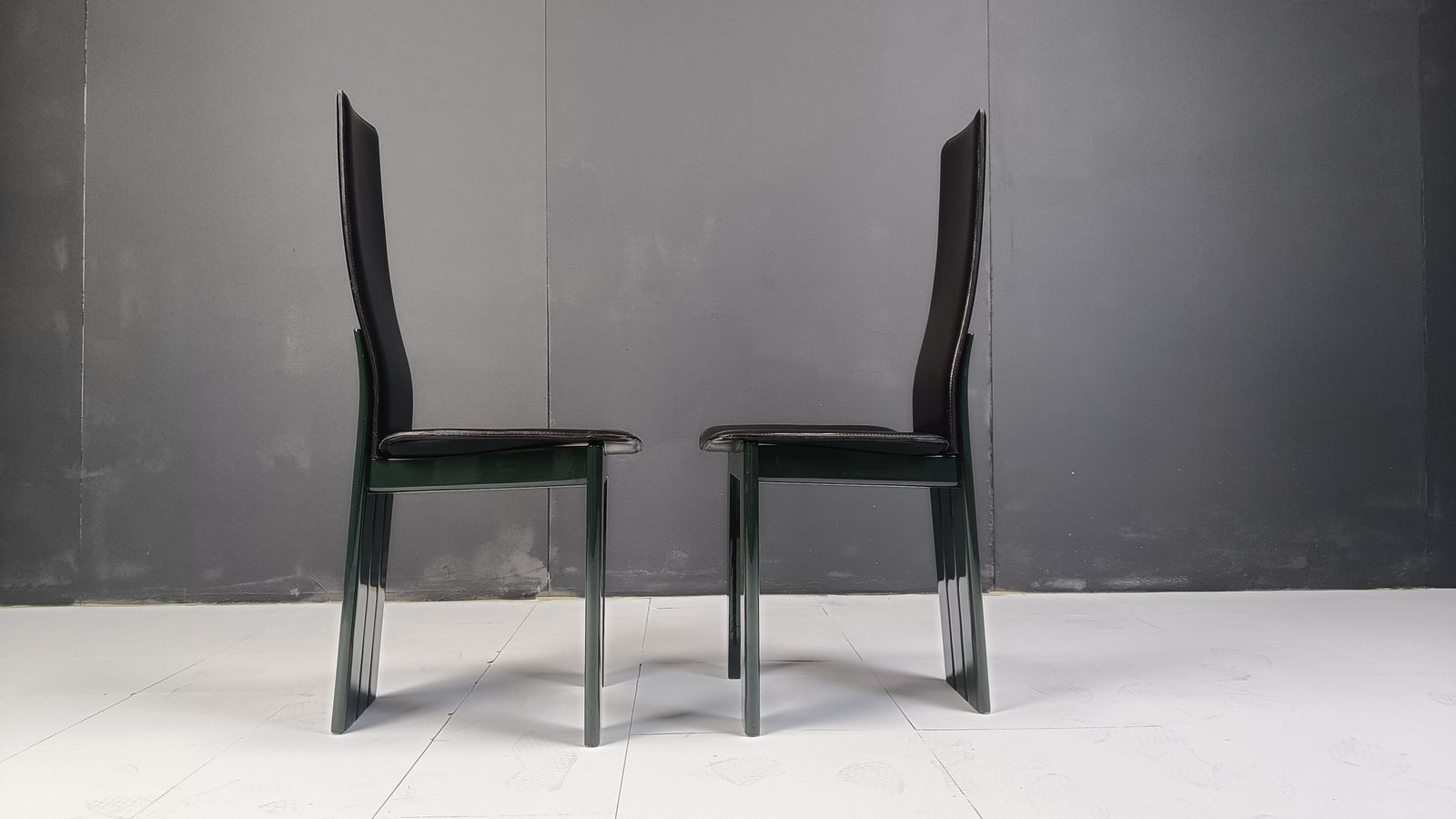 photo for sale Set Of 6 Italian Leather And Green Lacquer Dining Chairs, 1980s
