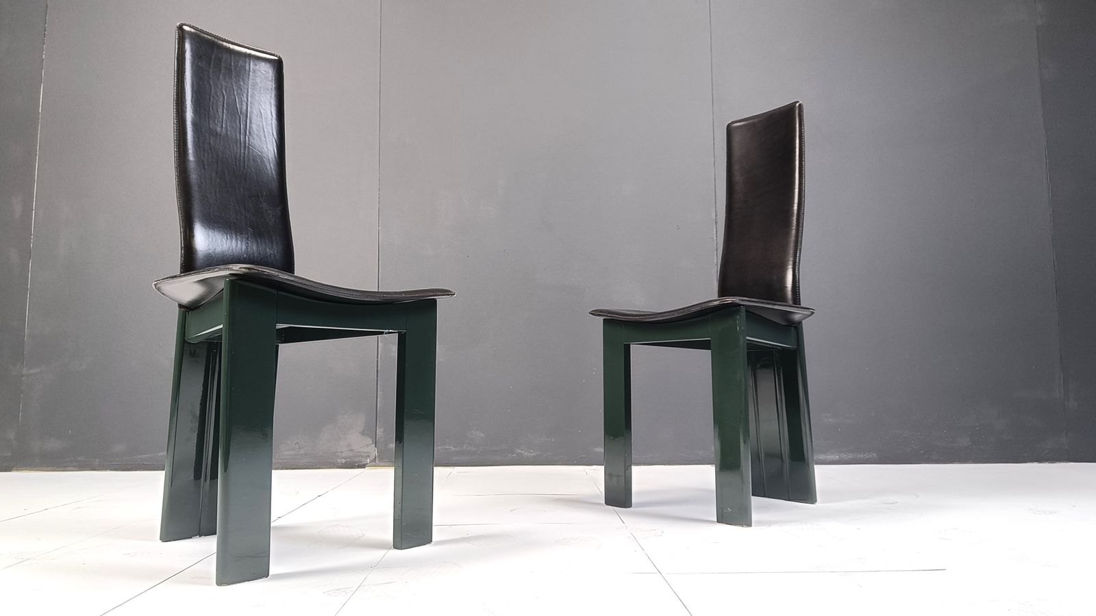 Furniture Set Of 6 Italian Leather And Green Lacquer Dining Chairs, 1980s photo