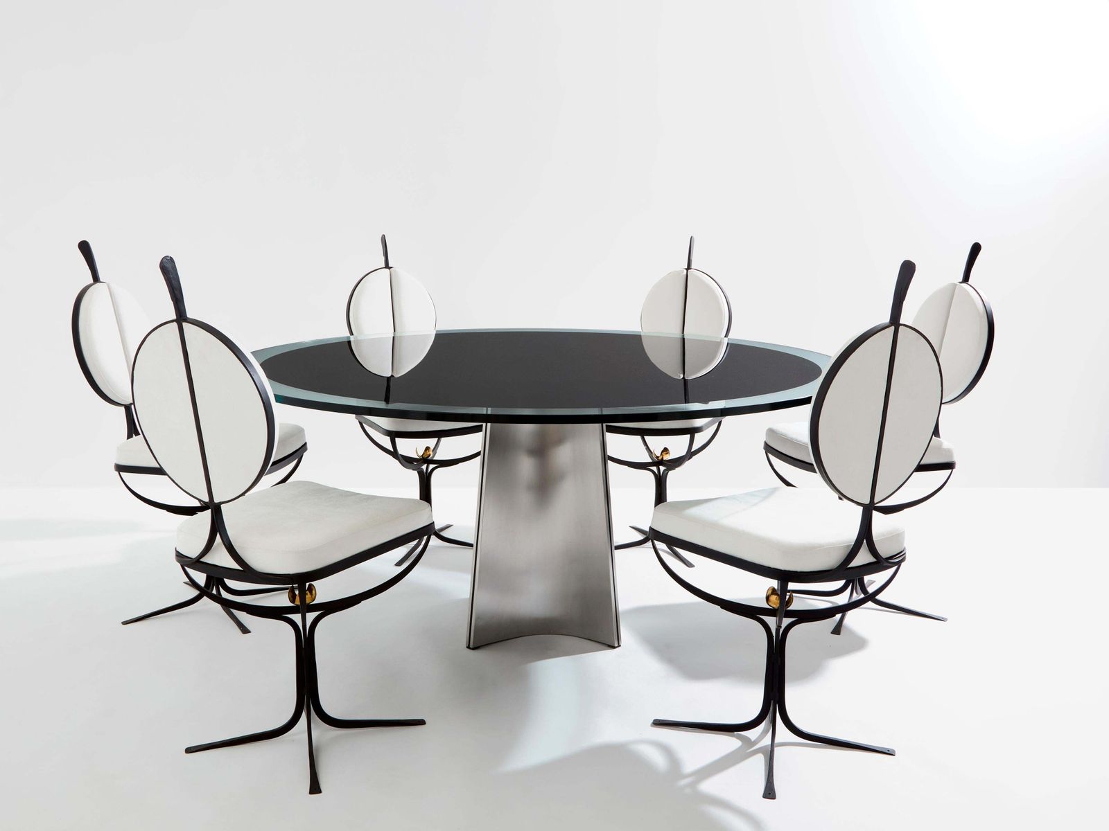 photo furniture Luigi Saccardo For Arrmet Brushed Steel Black Glass Dining Table 1970s