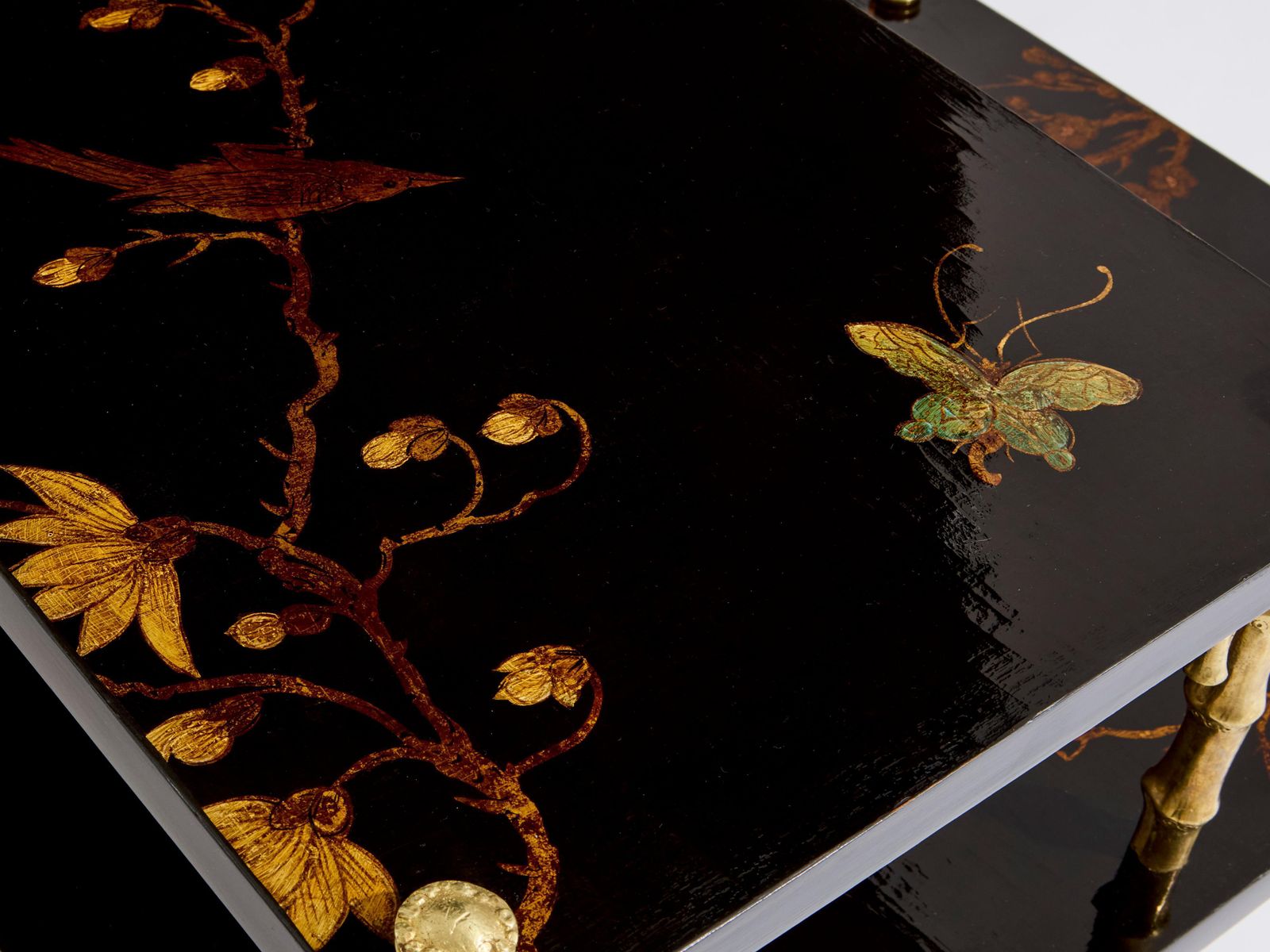 photo furniture Maison Baguès Bamboo Bronze Chinoiserie Lacquered End Tables 1940s